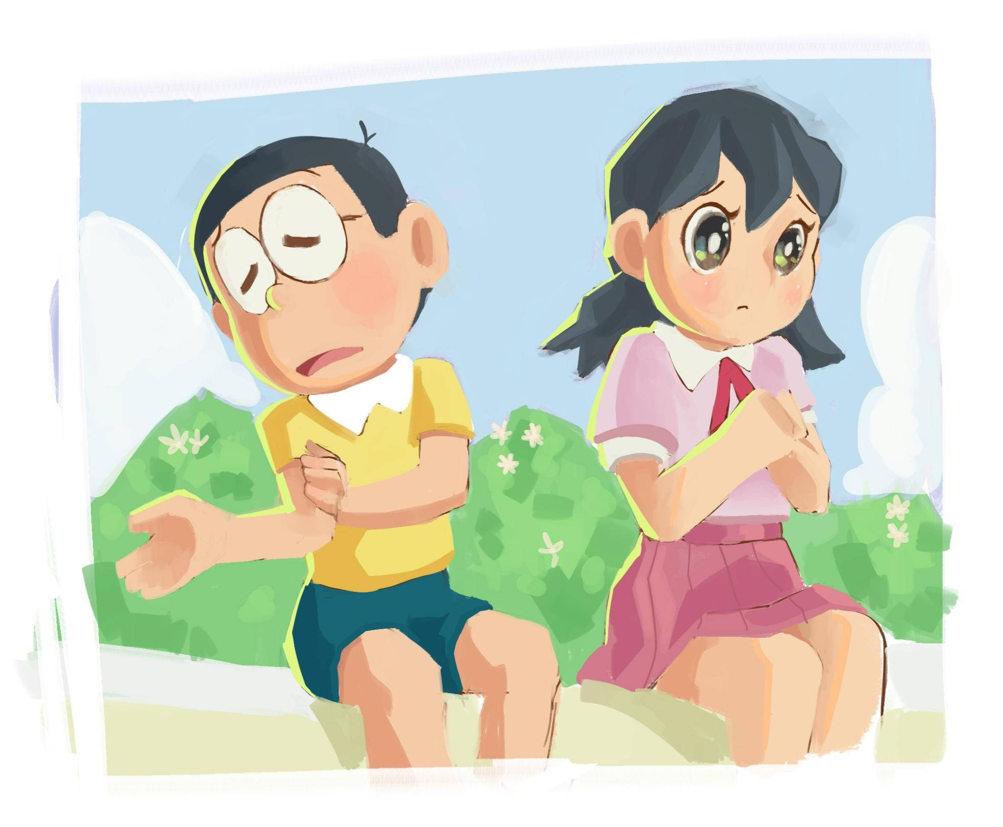 nobita shizuka love 桌布 壁紙 — 兩個動畫小孩坐在戶外的窗台上，一個看起來很累，另一個很擔心，背景是綠色灌木叢，頭上是晴朗的藍天。