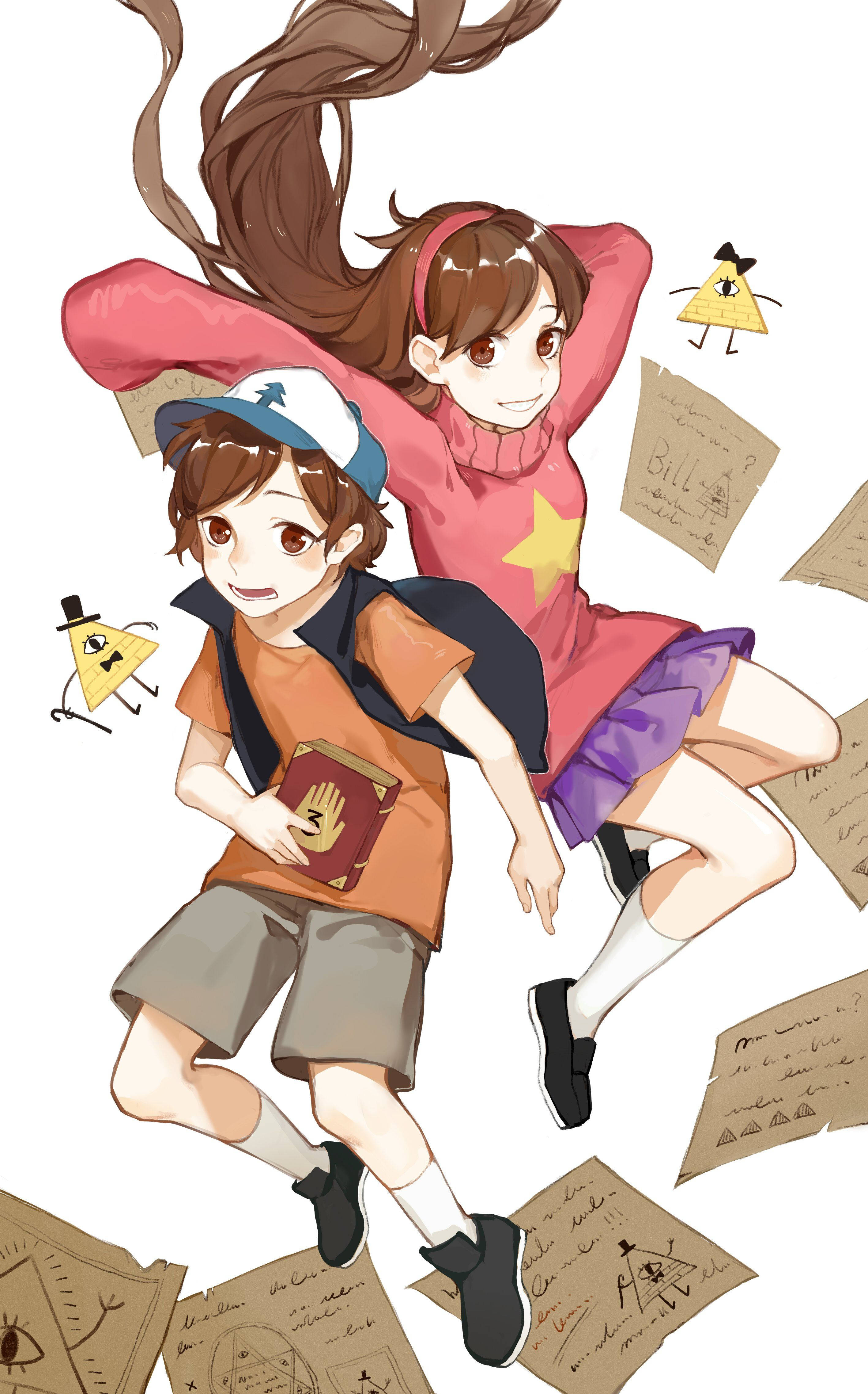 dipper pines 桌布 壁紙 — 兩個動畫小孩快樂地跳過漂浮的紙張，附近有卡通三角形。