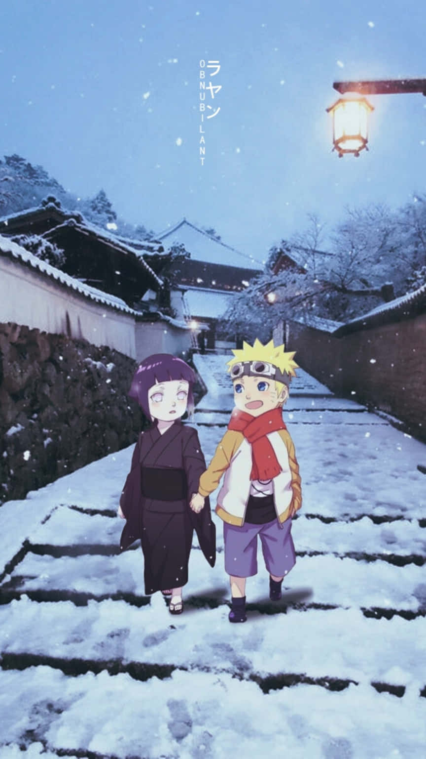 兩個動畫小孩手牽手，在黃昏時分，走過白雪覆蓋的村莊街道。 — 日向 GIF 壁紙