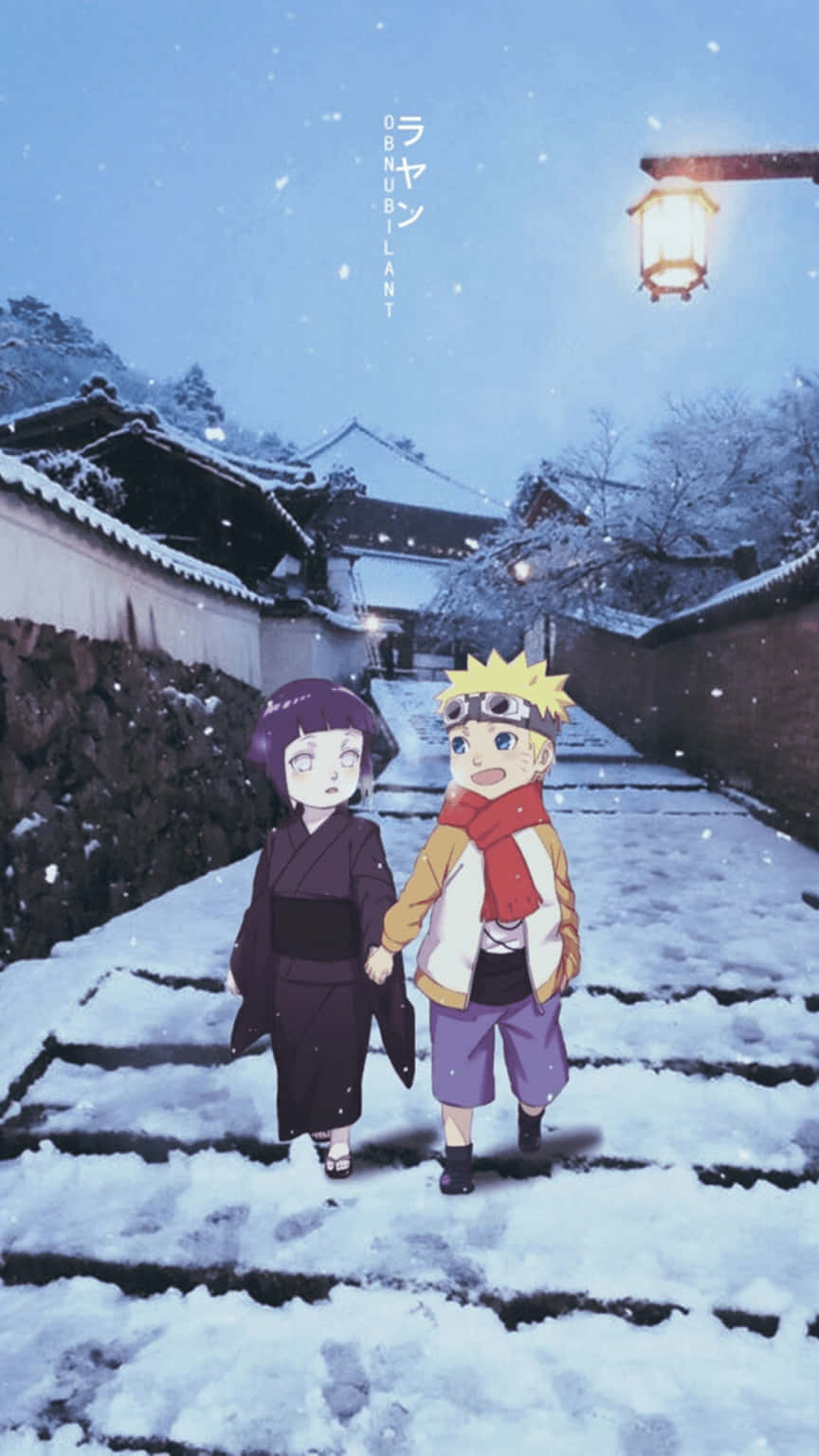 Naruto Aesthetic Phone 桌布 壁紙 — 兩個動畫小孩手牽手走過一個積雪的傳統日本村莊，在夜晚的飄雪和溫暖的燈籠光芒下。