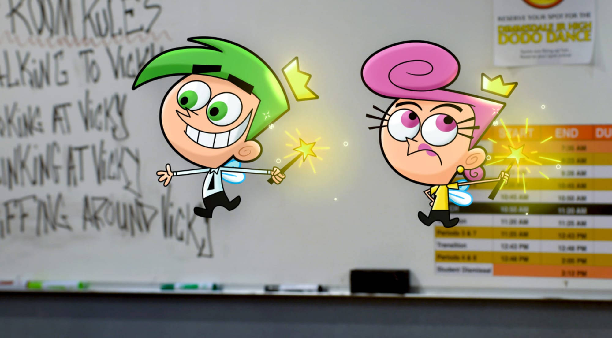 The Fairly Oddparents 桌布 壁紙 — 兩個動畫小孩拿著閃閃發光的魔杖，漂浮在充滿規則和舞蹈時間表的教室白板前。