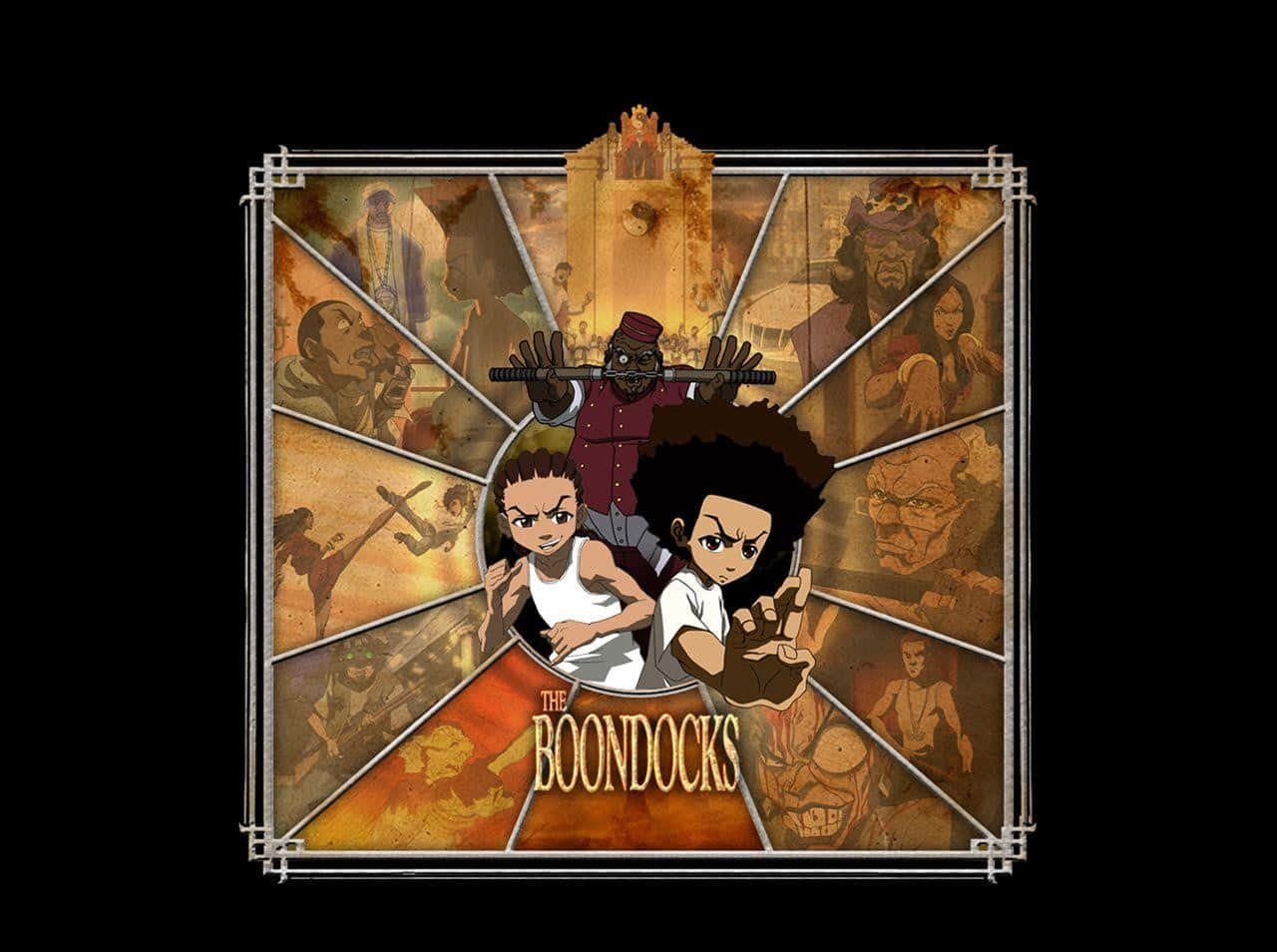 Boondocks 桌布 壁紙 — 兩個動畫小孩穿著白襯衫，挑釁地站在一個充滿《The Boondocks》各種角色和場景的彩繪玻璃風格面板前。