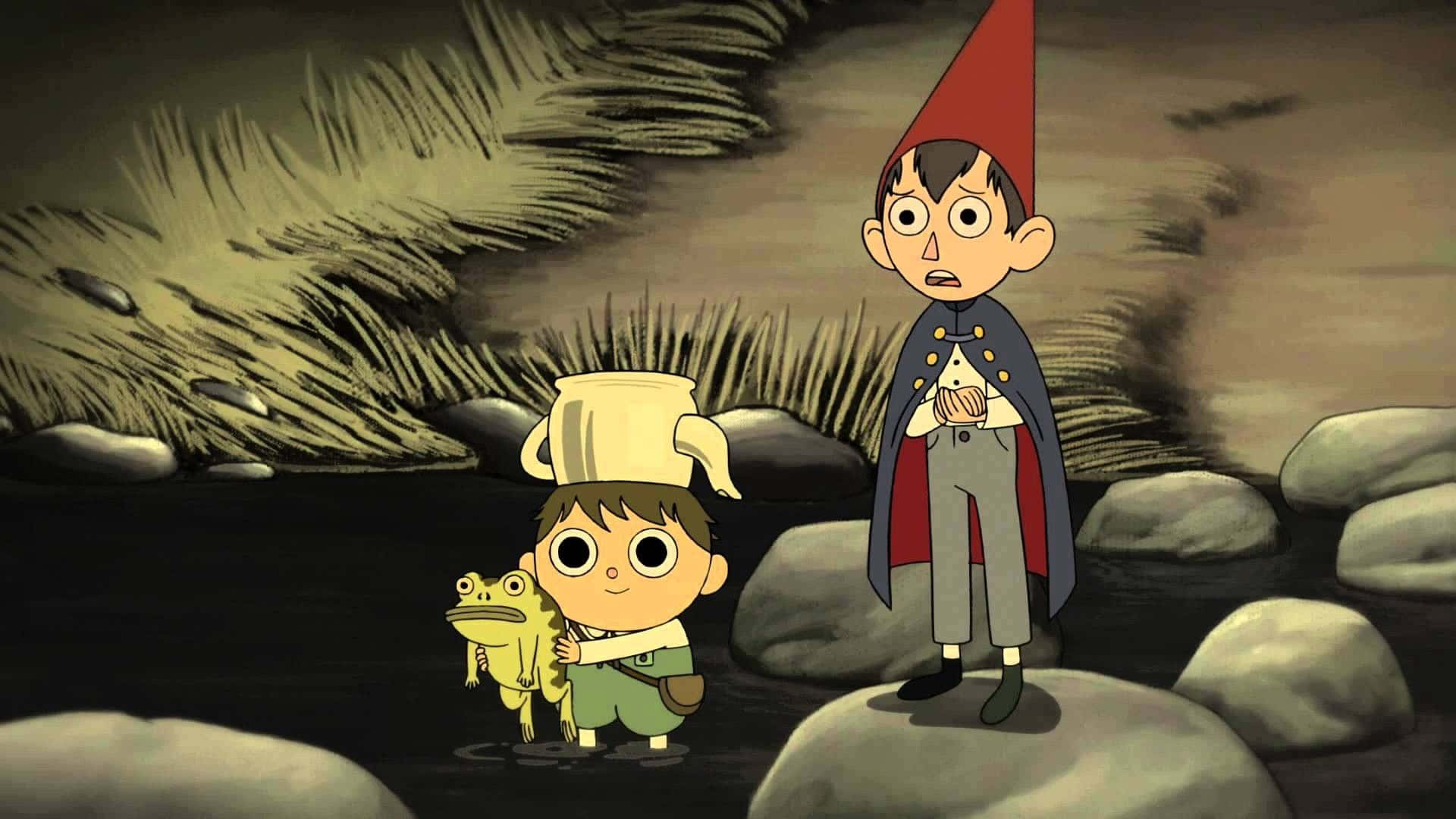 over the garden wall 桌布 壁紙 — 兩個動畫小孩站在河邊，一個拿著青蛙，另一個戴著紅色尖頂帽，表情驚訝。