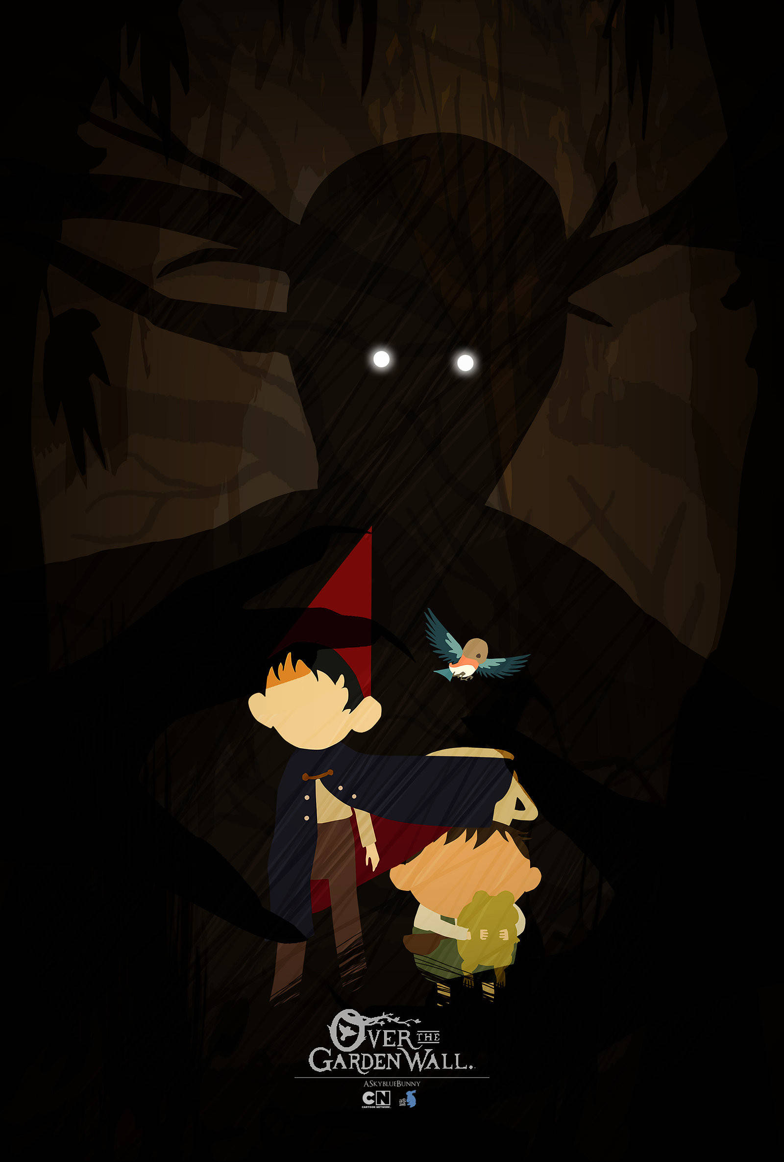 over the garden wall 桌布 壁紙 — 兩個動畫小孩站在黑暗森林中一個帶有發光眼睛的陰影人物面前。