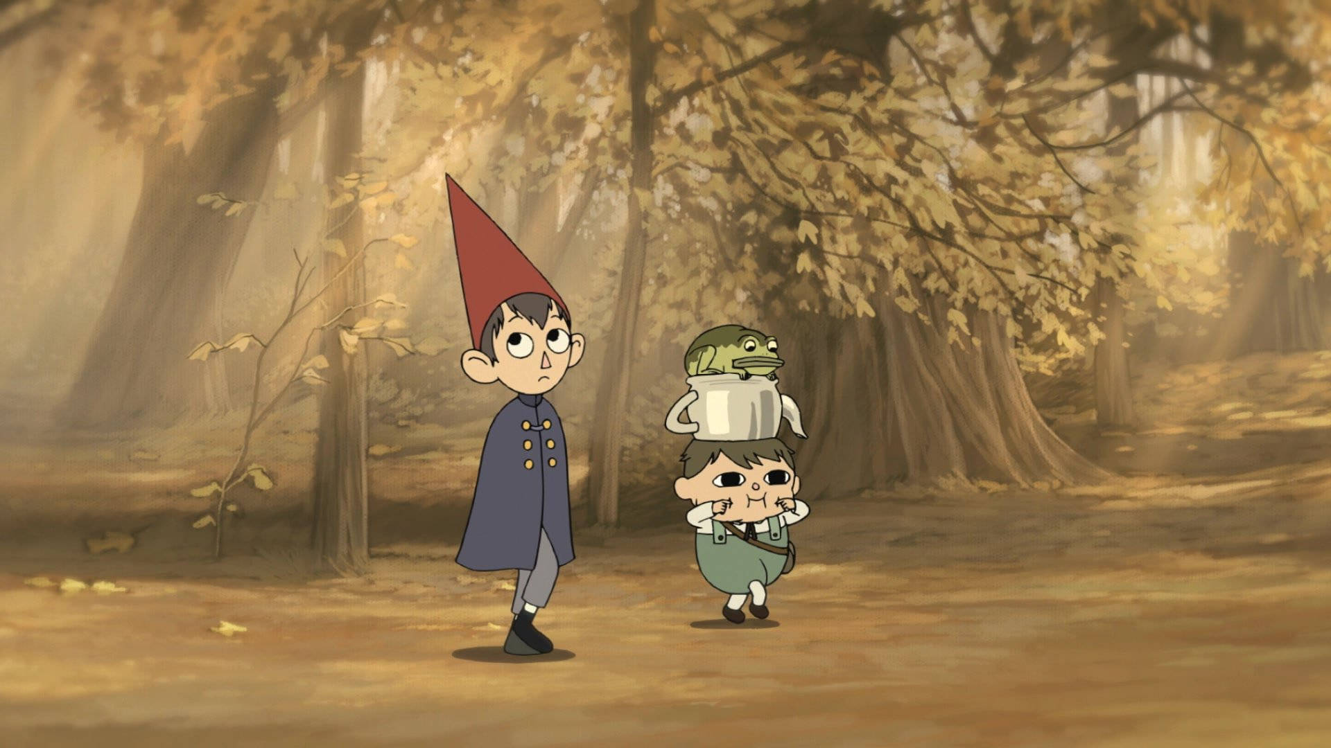 over the garden wall 桌布 壁紙 — 兩個動畫小孩走過陽光明媚的秋日森林，有金色樹葉和長滿苔蘚的樹木。