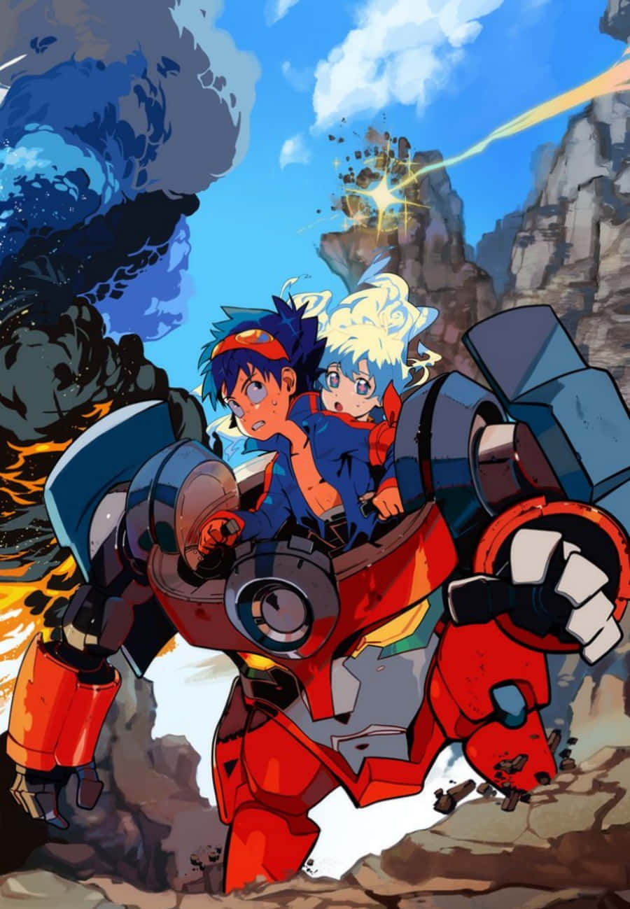 Gurren Lagann 桌布 壁紙 — 兩個動畫小孩騎著紅色機甲穿過岩石地形，周圍爆發爆炸和能量光束。