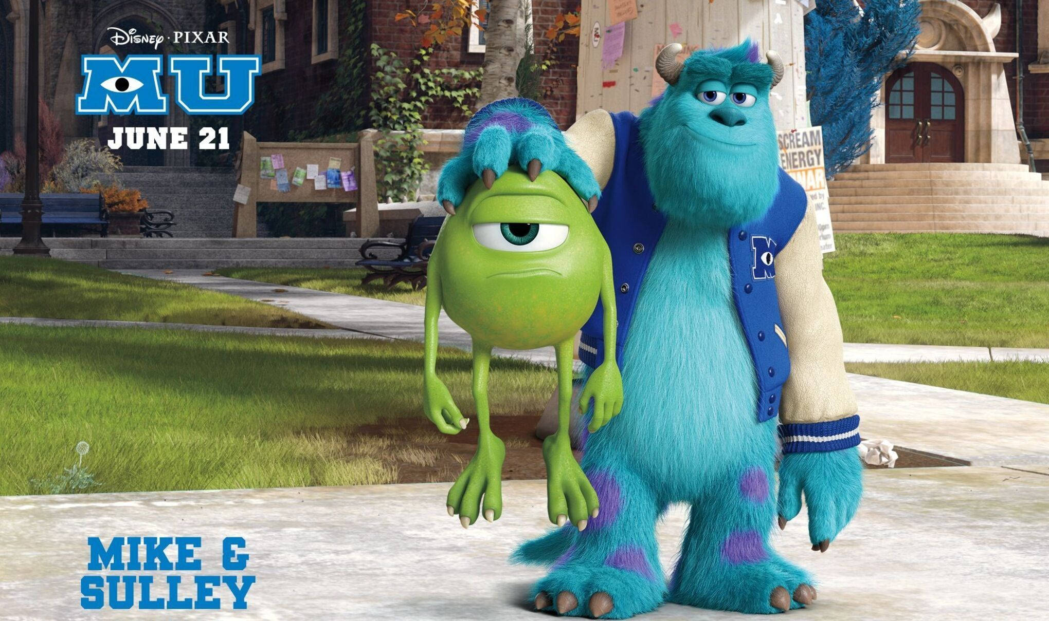 sulley 桌布 壁紙 — 兩個動畫怪物麥克和蘇利站在學校大樓前的人行道上，周圍有綠草和秋葉。