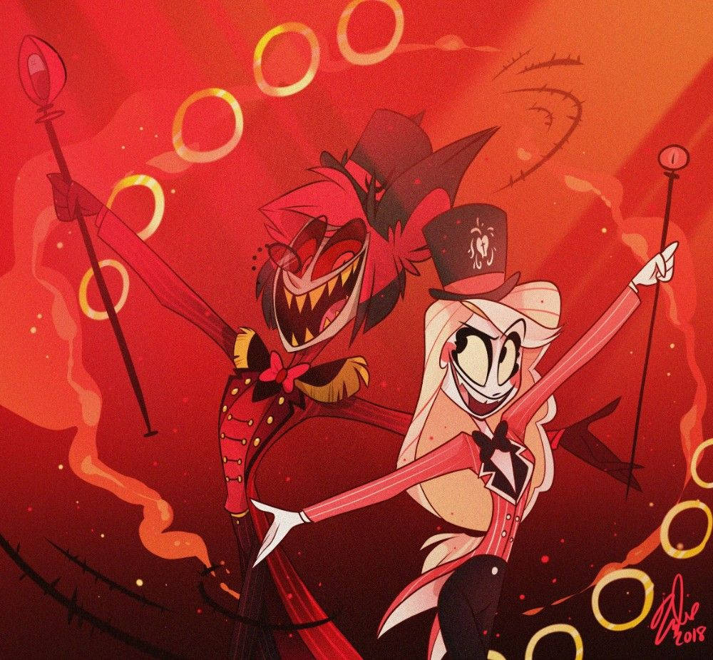 Hazbin Hotel 桌布 壁紙 — 兩個動畫惡魔角色穿著紅色和金色服裝，在帶有浮動環的熾熱紅色背景前充滿活力地跳舞。