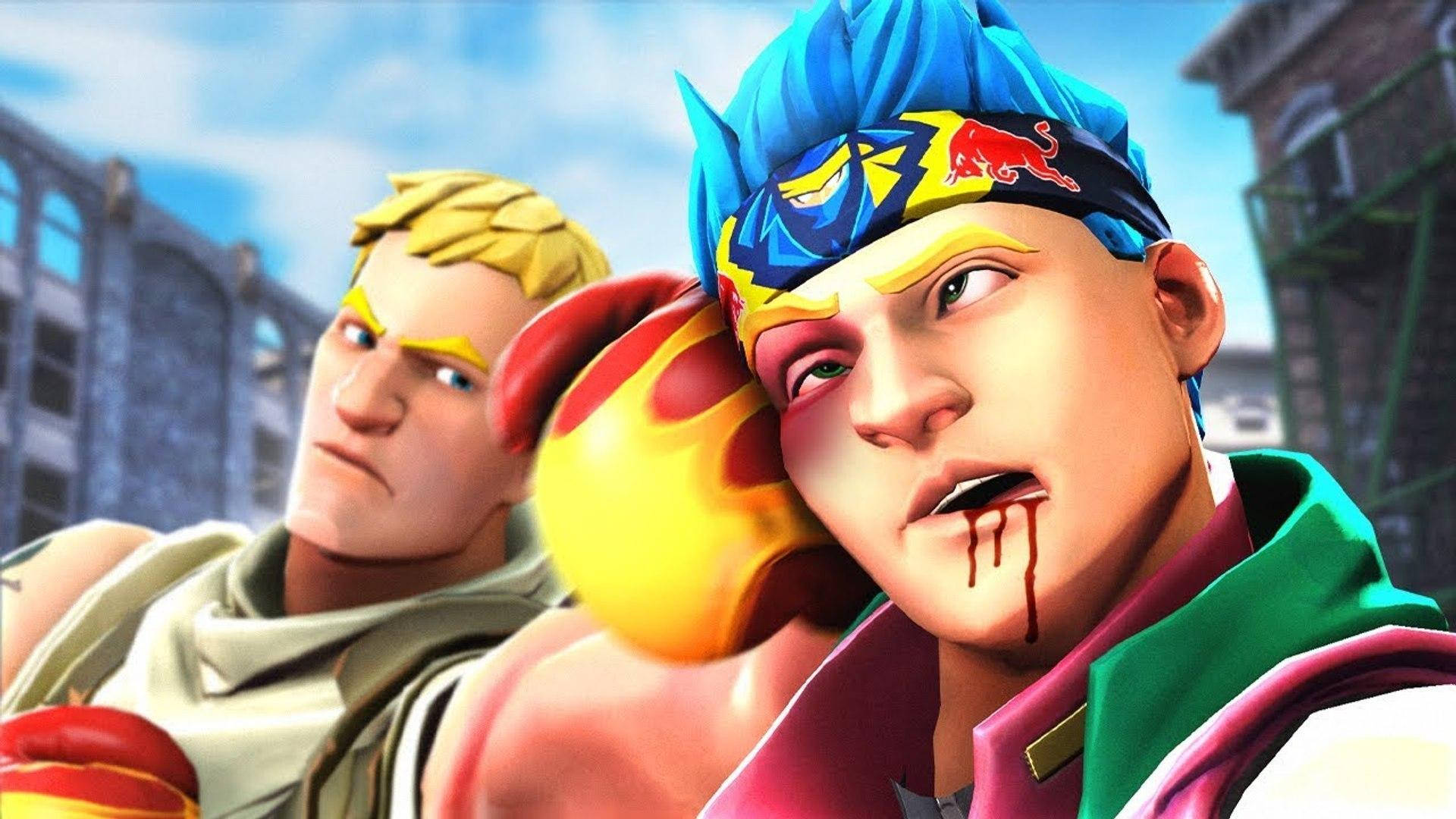 Ninja Fortnite 桌布 壁紙 — 兩個動畫戰士在骯髒的城市小巷中，一個有藍色尖刺頭髮和流血嘴巴，另一個有金髮，兩人都穿著戰鬥裝備。