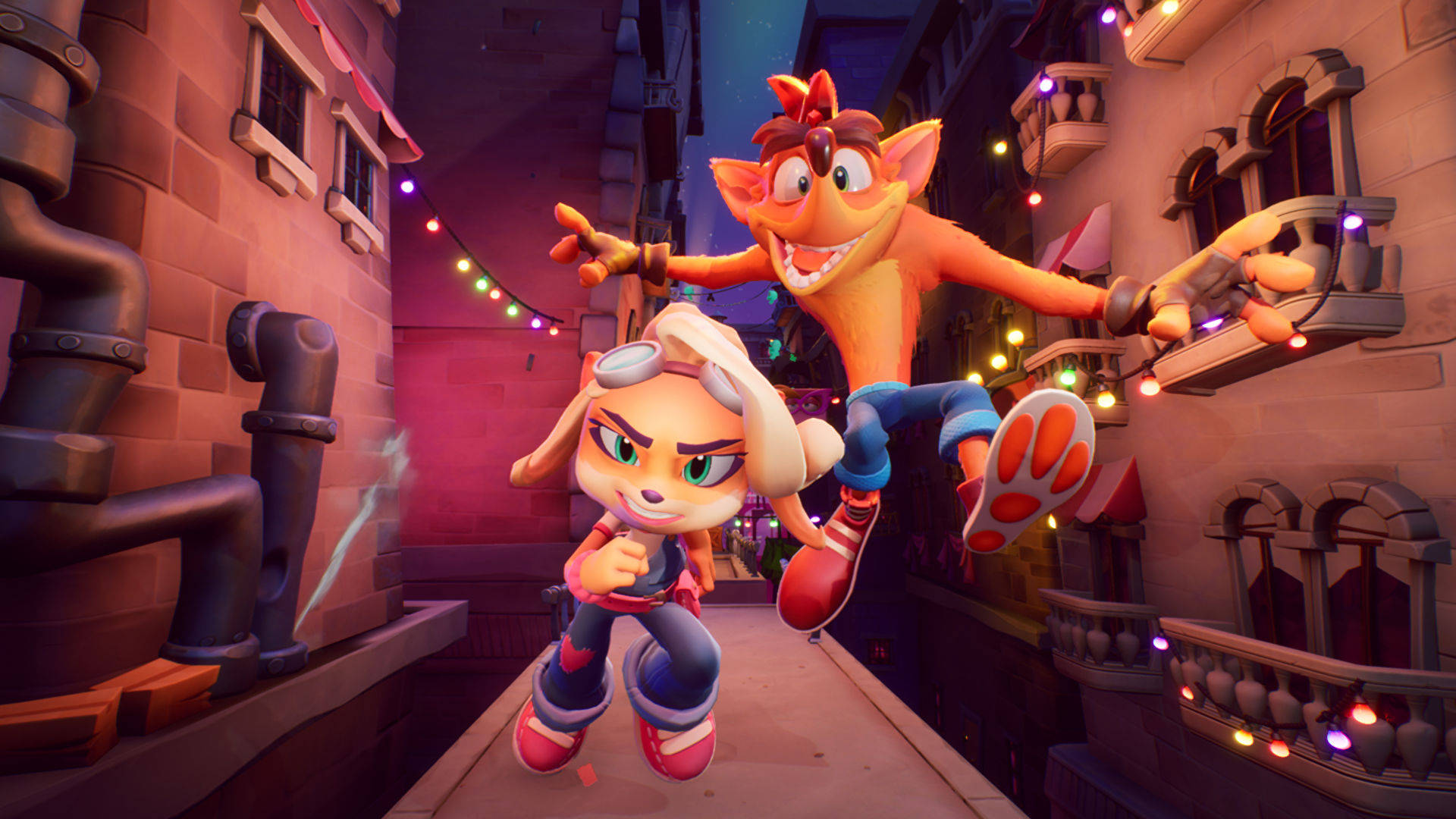 Bandicoot 桌布 壁紙 — 兩個動畫擬人角色跳過一條充滿活力的霓虹燈小巷，裝飾著燈串和磚建築。
