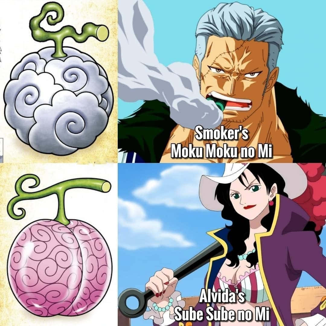Devil Fruit 桌布 壁紙 — 兩個動畫果實能力及其使用者來自《One Piece》，以分割畫面拼貼展示。