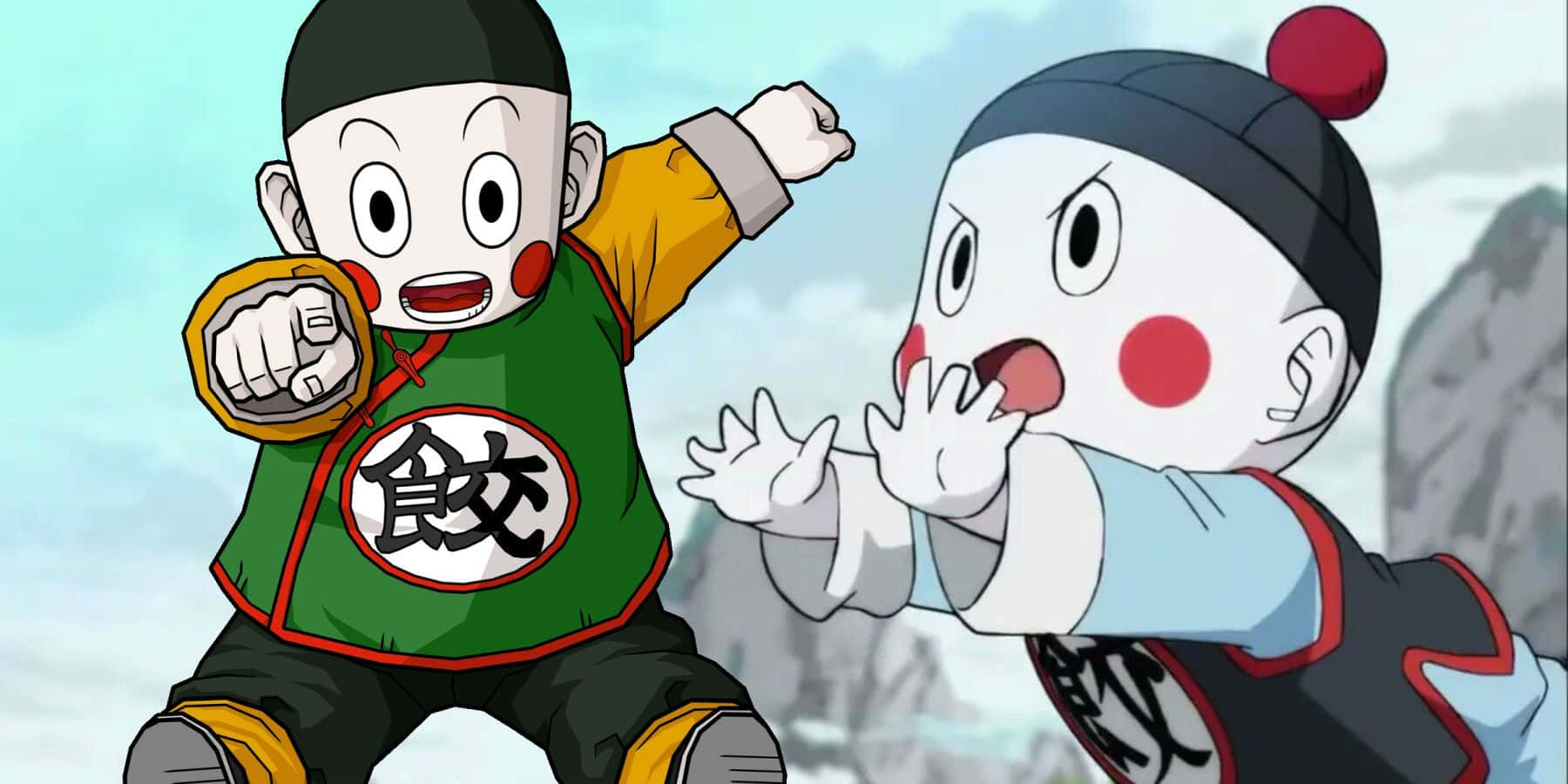 Chiaotzu 桌布 壁紙 — 兩個動畫武術小孩穿著傳統服裝，在群山背景下動態碰撞。