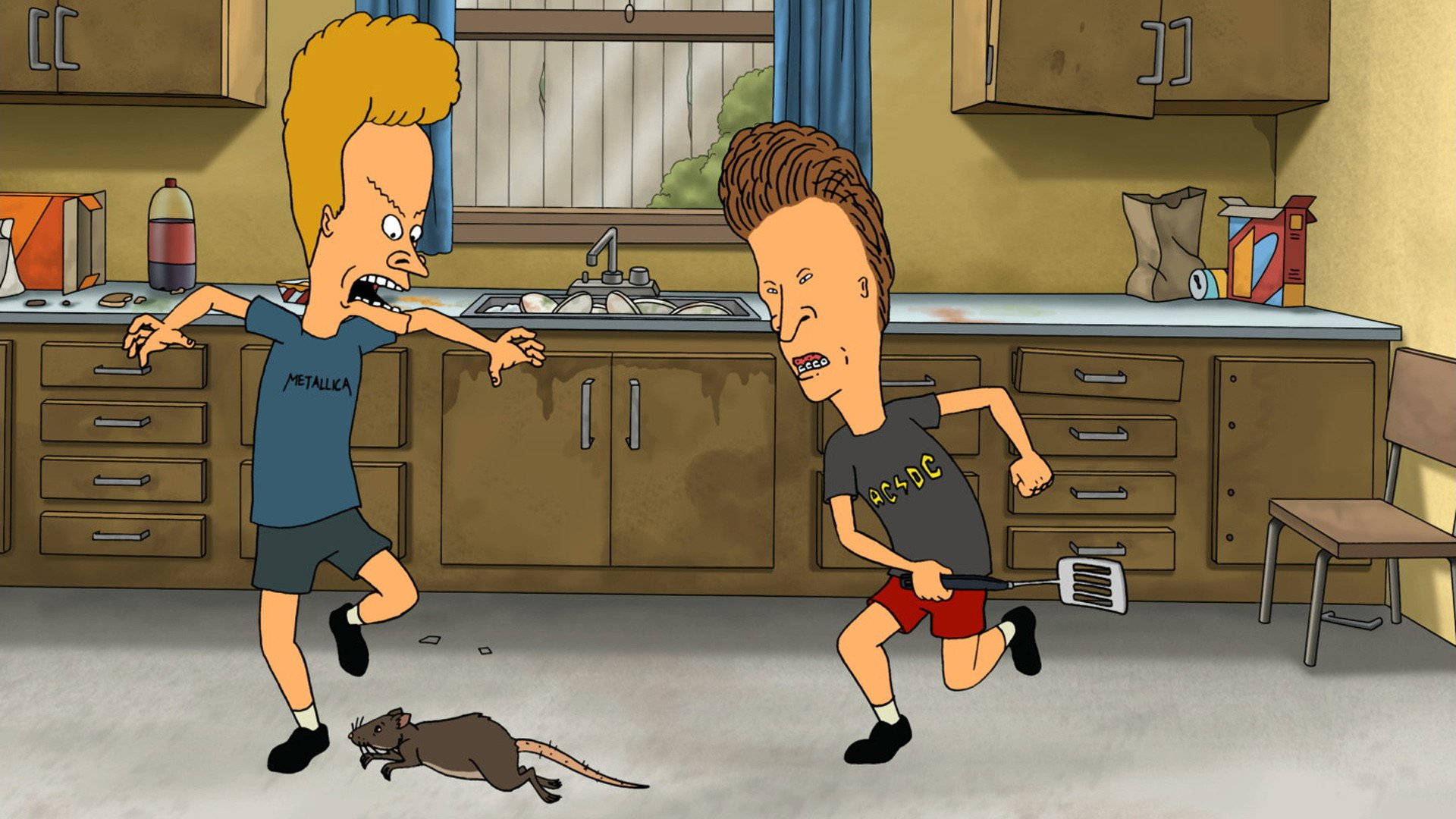 Beavis 桌布 壁紙 — 兩個動畫男人在廚房裡用瘋狂的表情和廚房用具追趕一隻老鼠。