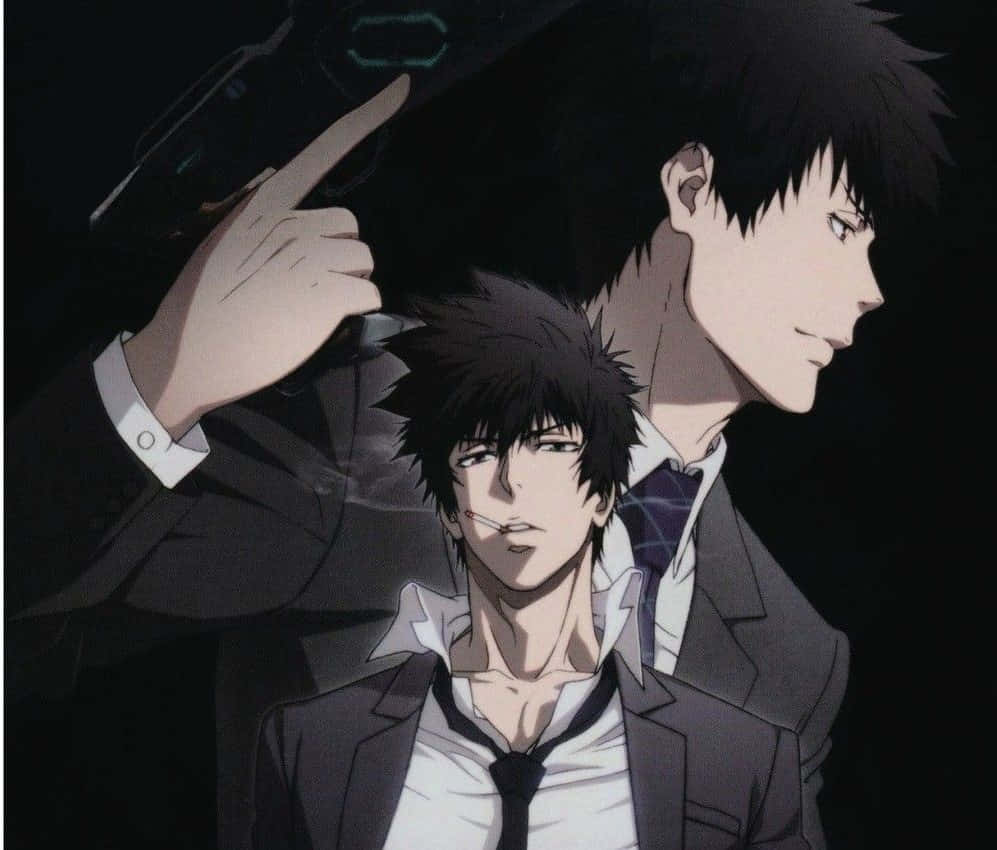Shinya Kogami 桌布 壁紙 — 兩個動畫男人穿著西裝，一個用槍指著另一個的頭，場景緊張黑暗。