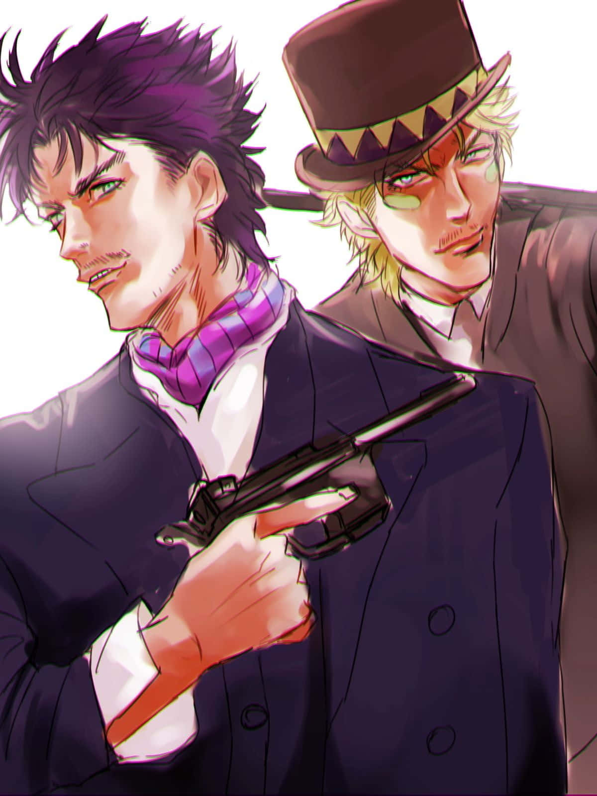 Battle Tendency 桌布 壁紙 — 兩個動畫男人穿著西裝，一個紫髮持槍，另一個戴高帽，兩人都表情強烈。