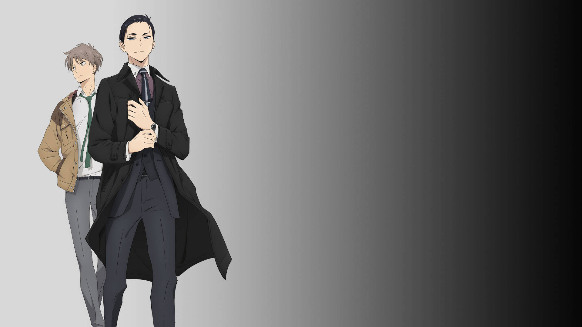 the millionaire detective 桌布 壁紙 — 兩個動畫男人站在灰色漸變背景前，一個穿著黑色外套，另一個穿著米色夾克。