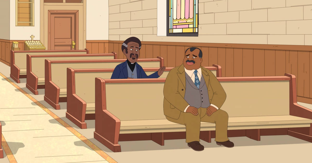 Animated 桌布 壁紙 — 兩個動畫男子坐在教堂長椅上，一個穿著神職服裝做手勢，另一個穿著西裝溫暖地微笑。