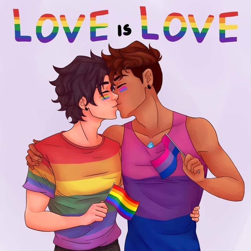動漫 桌布 壁紙 — 兩個動畫男子穿著彩虹服飾，在粗體「LOVE IS LOVE」文字下接吻，手持驕傲旗幟。