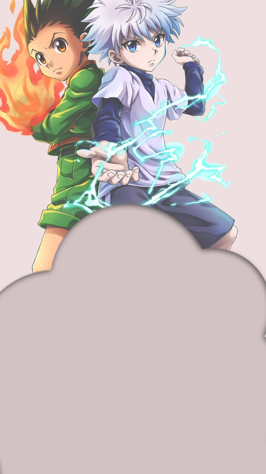 Gon And Killua 桌布 壁紙 — 兩個動畫男孩，一個帶有火焰光環，另一個帶有電能，在柔和的粉紅色背景前動態擺姿勢。