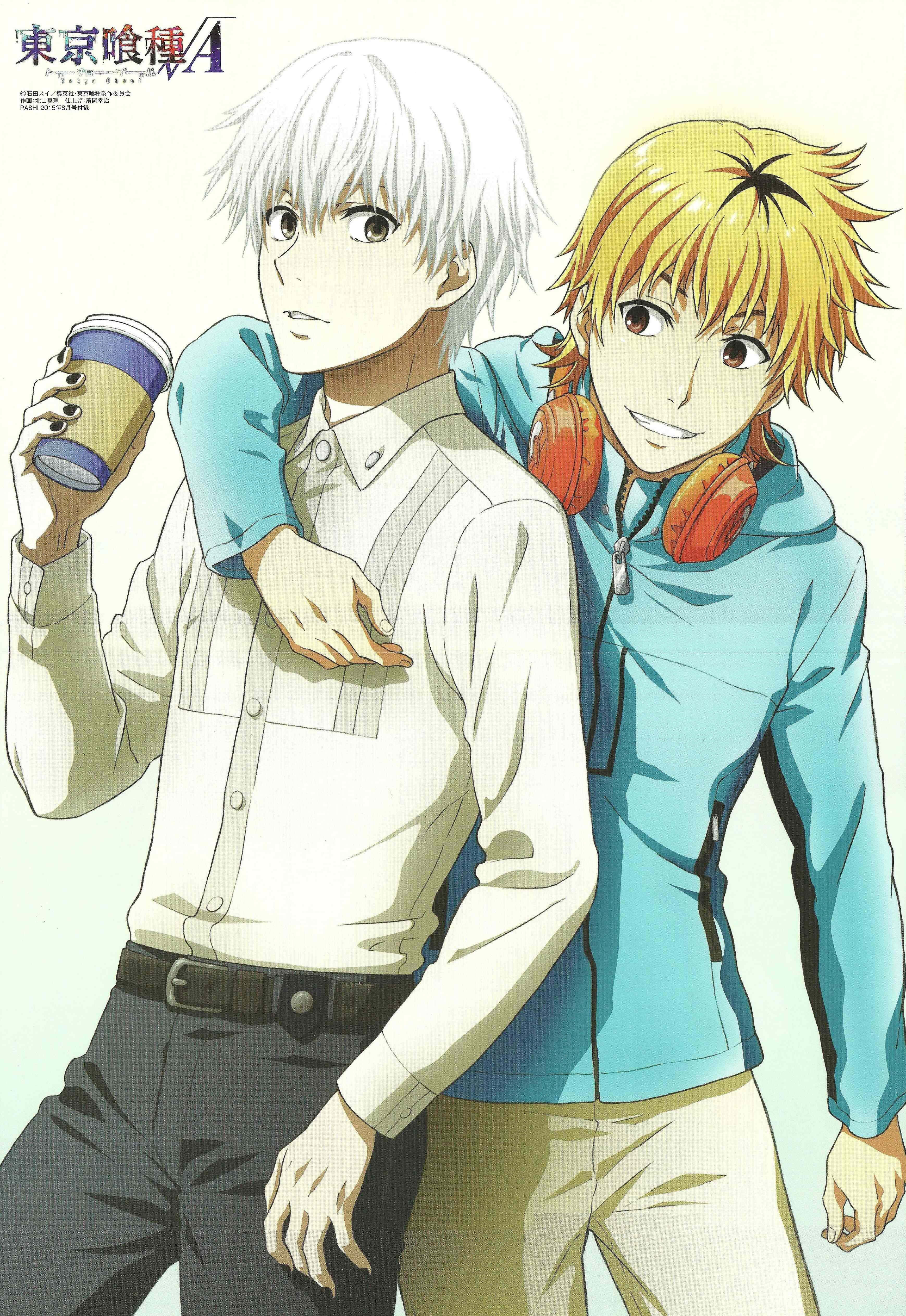 Hideyoshi Nagachika 桌布 壁紙 — 兩個動畫男孩，一個白髮拿著飲料，另一個金髮戴紅色耳機，越過肩膀微笑。