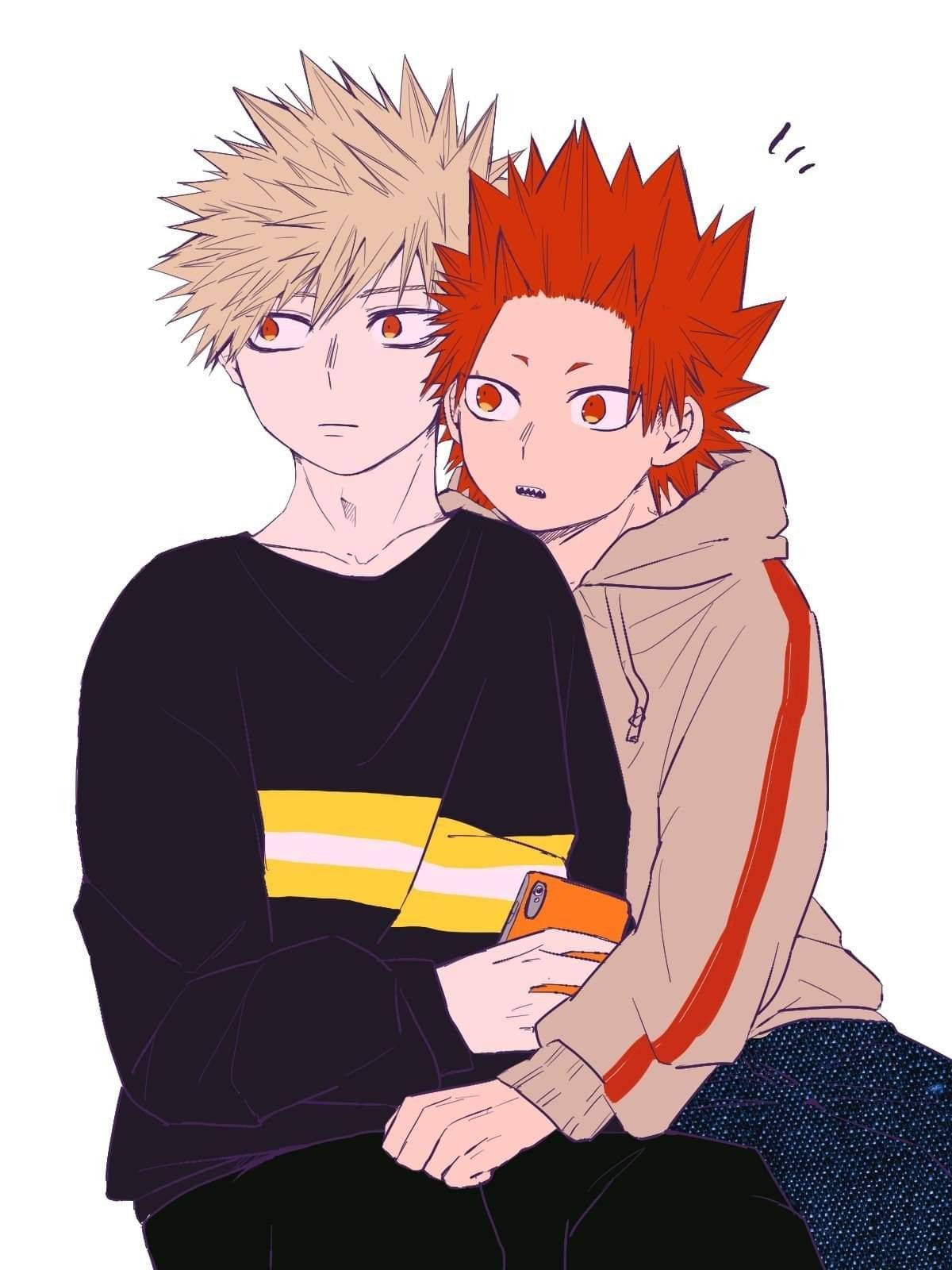 Kirishima 桌布 壁紙 — 兩個動畫男孩，一個金髮，一個紅髮，緊挨著坐，其中一個拿著手機。