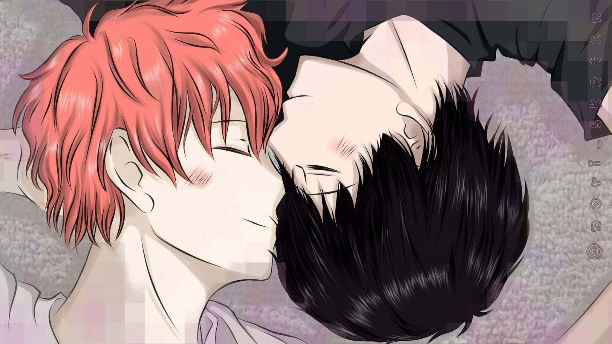 Given Anime 桌布 壁紙 — 兩個動畫男孩，一紅一黑頭髮，在柔軟有紋理的表面上溫柔地接吻。