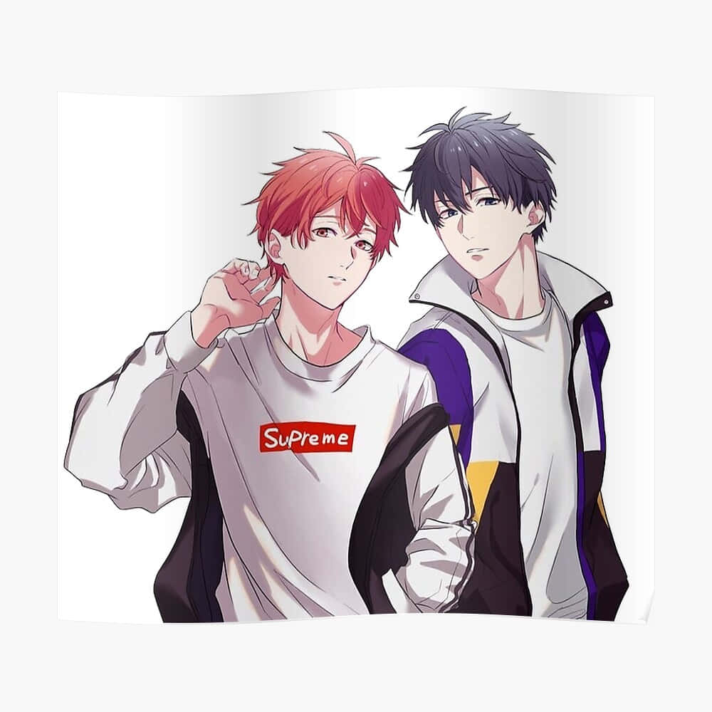 Supreme Anime 桌布 壁紙 — 兩個動畫男孩，一頭紅髮和黑髮，穿著時尚外套，背景是純白色。