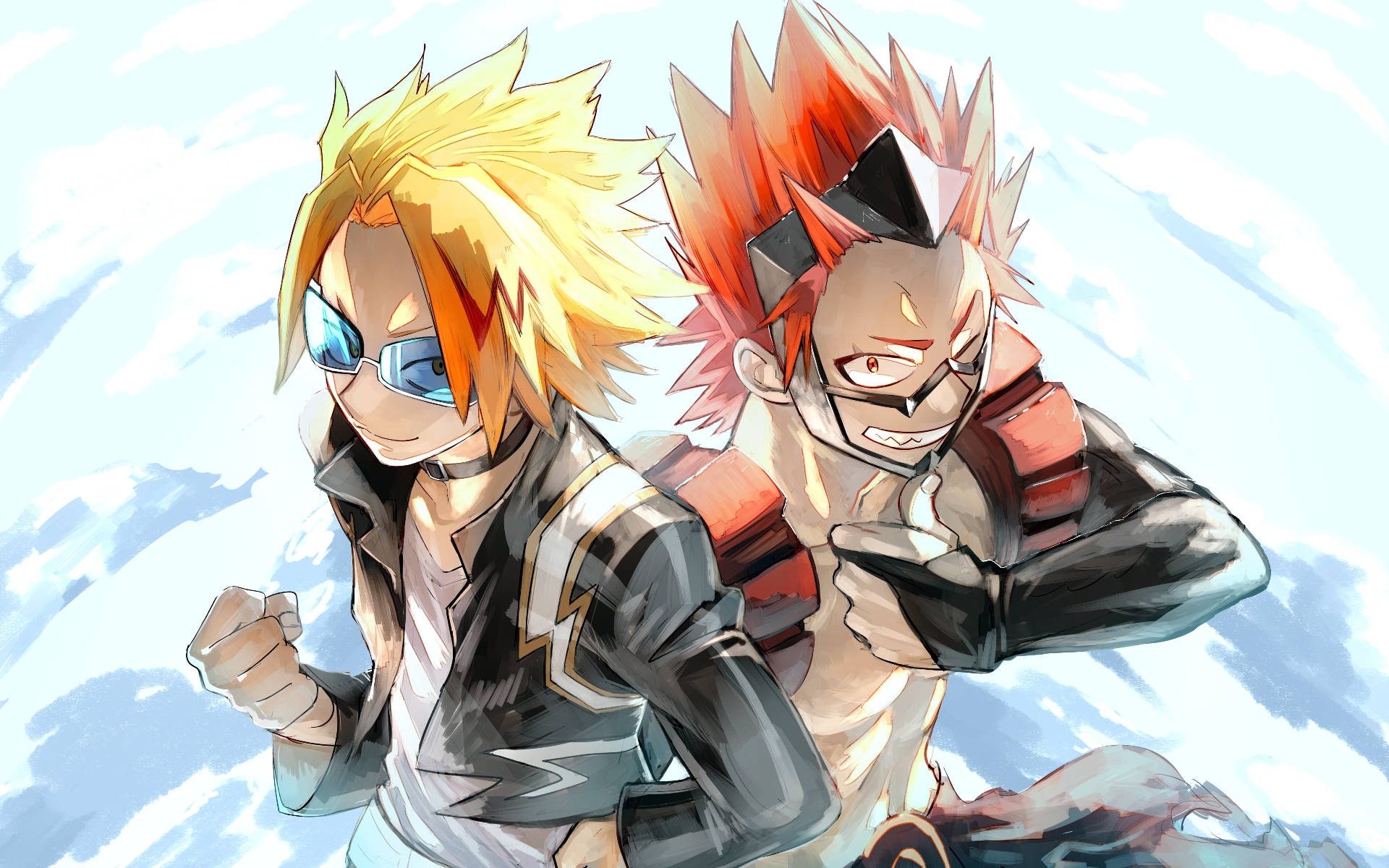 Kirishima 桌布 壁紙 — 兩個動畫男孩，頭髮尖刺，表情堅定，在陰雲密佈的天空背景下並肩奔跑。