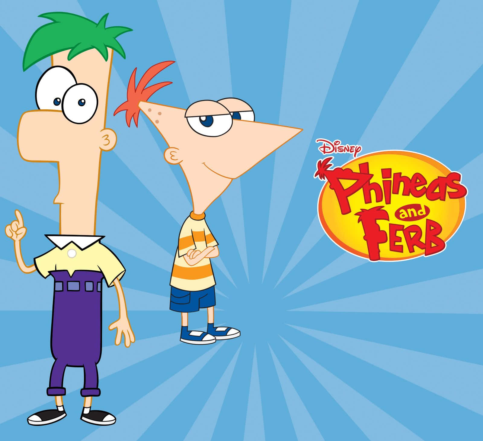 Phineas And Ferb 桌布 壁紙 — 兩個動畫男孩，髮型各異，站在藍色放射狀背景前，帶有Phineas and Ferb標誌。