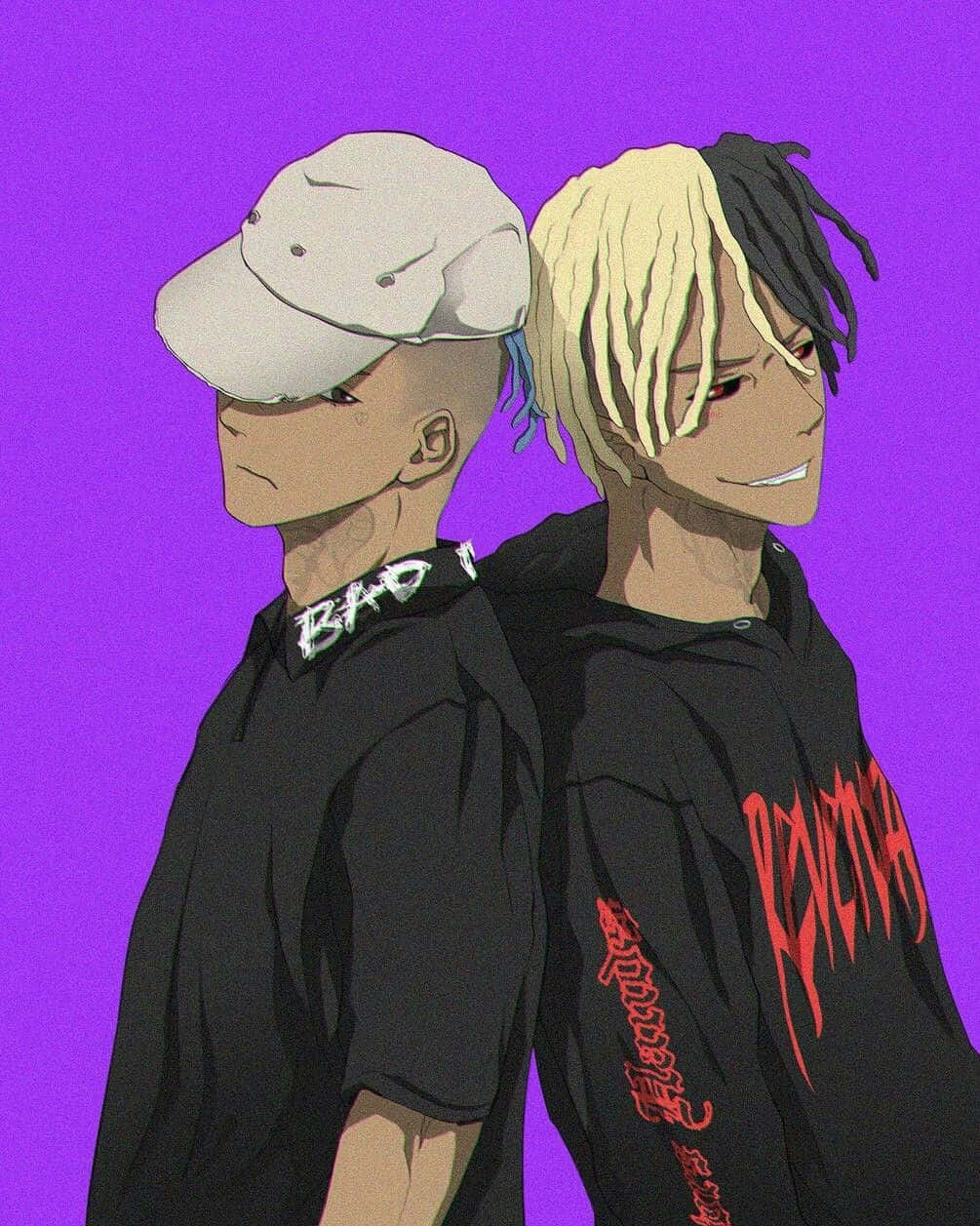 Anime Rapper 桌布 壁紙 — 兩個動畫男孩，髮型對比鮮明，身穿連帽衫，背對背站在鮮豔的紫色背景前。