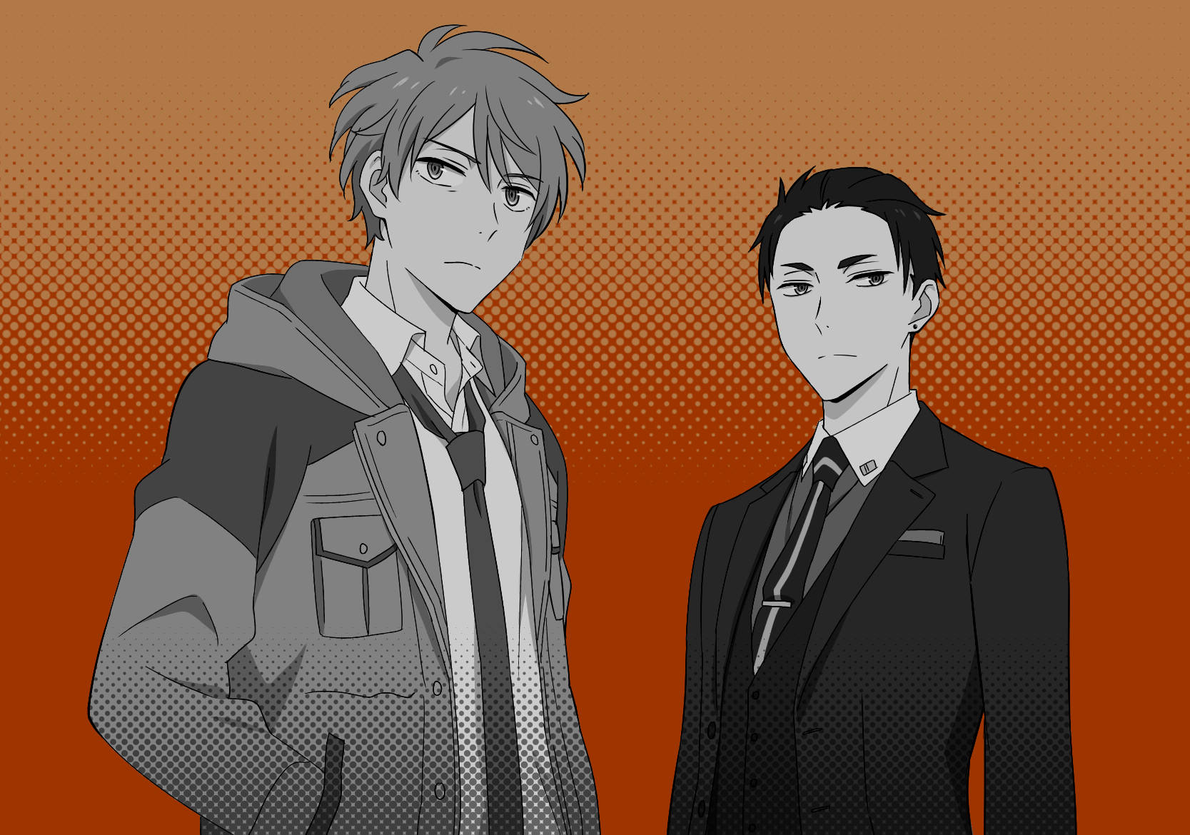 the millionaire detective 桌布 壁紙 — 兩個動畫男孩並肩站在半色調橙色漸變背景前，一個穿連帽衫，另一個穿西裝。