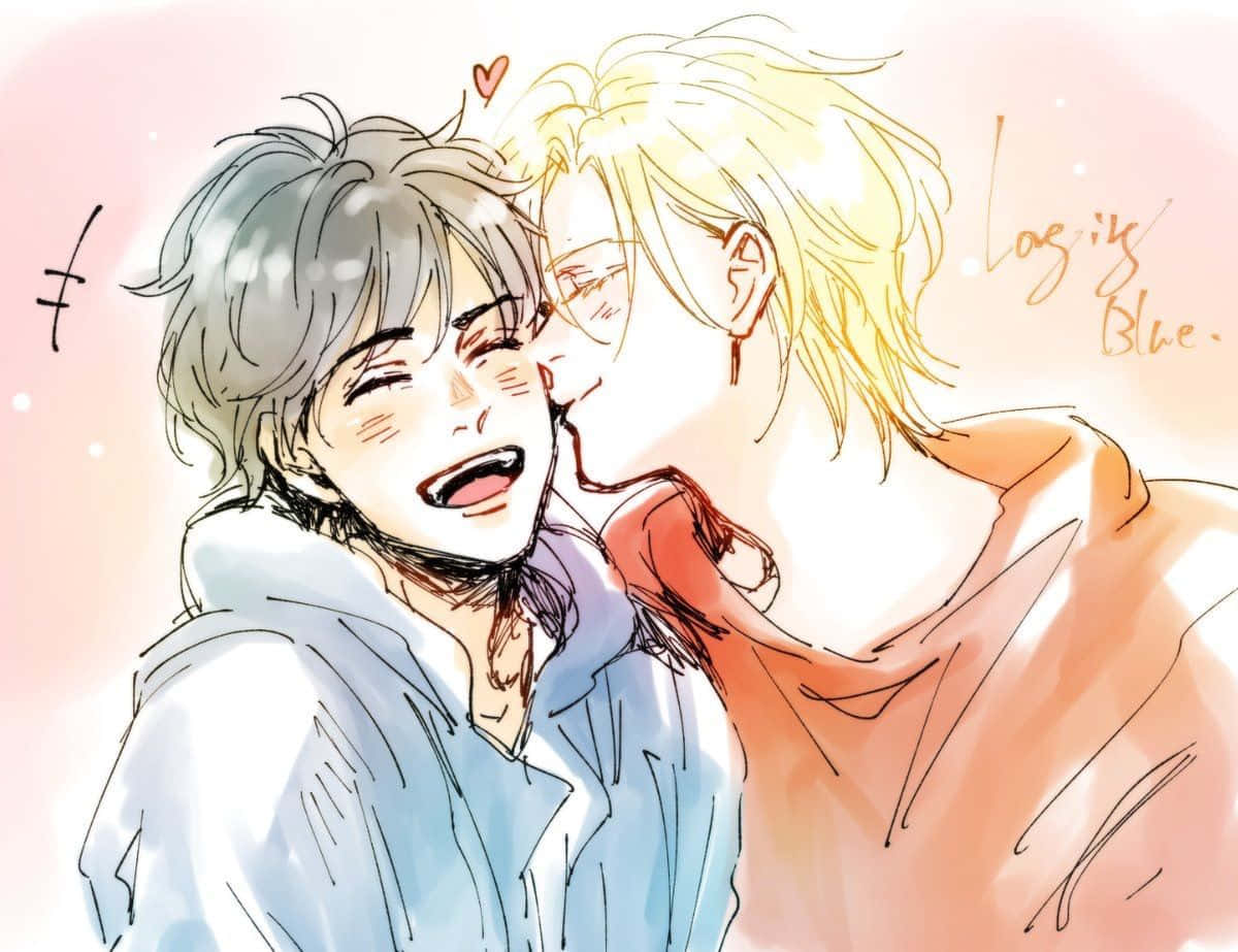 Gay Anime 桌布 壁紙 — 兩個動畫男孩分享一個快樂、充滿愛意的時刻，帶有柔和粉彩顏色和心形圖案。