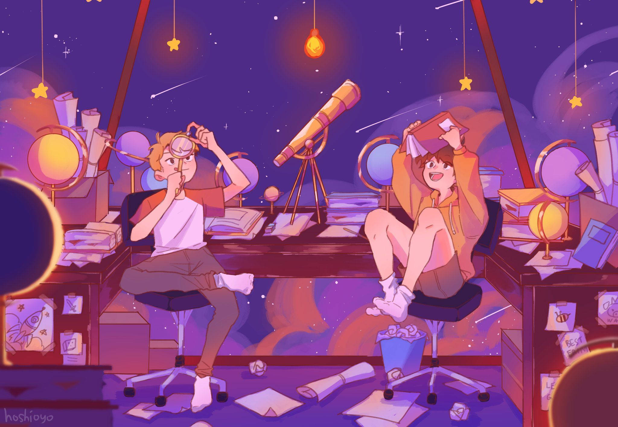 Mcyt 桌布 壁紙 — 兩個動畫男孩在一個掛滿星星和望遠鏡的紫色星空房間裡，在散落的紙張和發光的地球儀之間學習和放鬆。