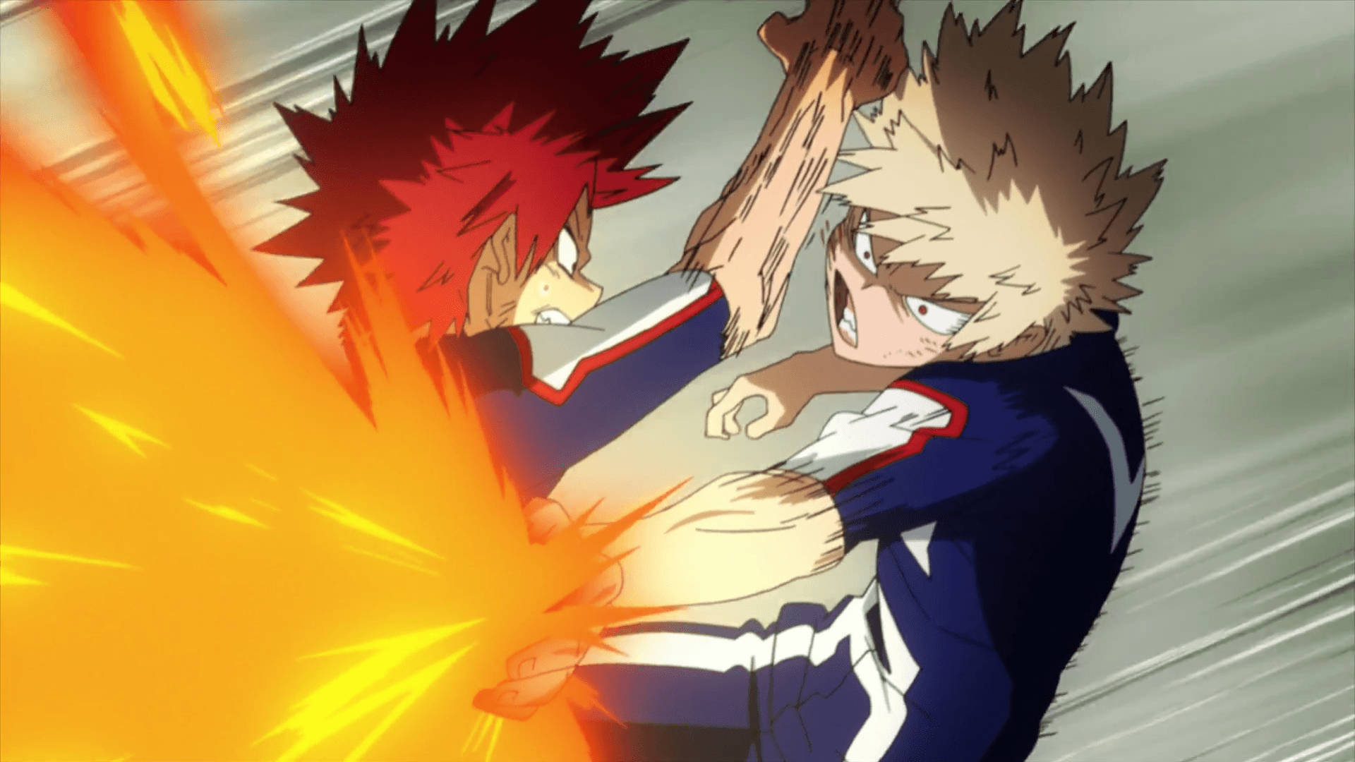 Kirishima 桌布 壁紙 — 兩個動畫男孩在半空中碰撞，熾熱的能量在他們之間爆炸，背景是帶條紋的灰色。