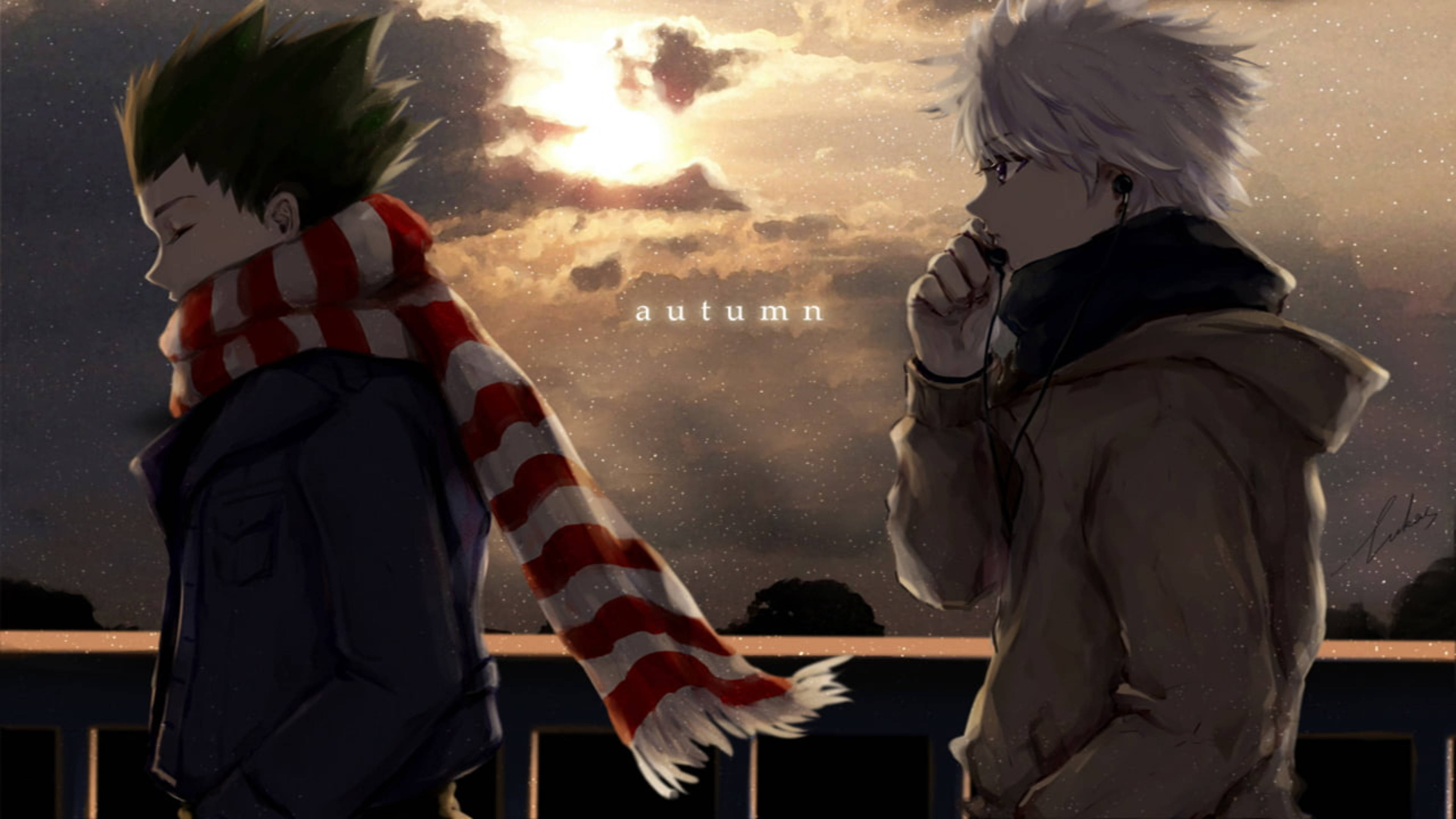 killua 4K 桌布 壁紙 — 兩個動畫男孩在日落時並排站在欄杆上，一個戴著紅白相間的圍巾，另一個戴著耳機聽音樂。