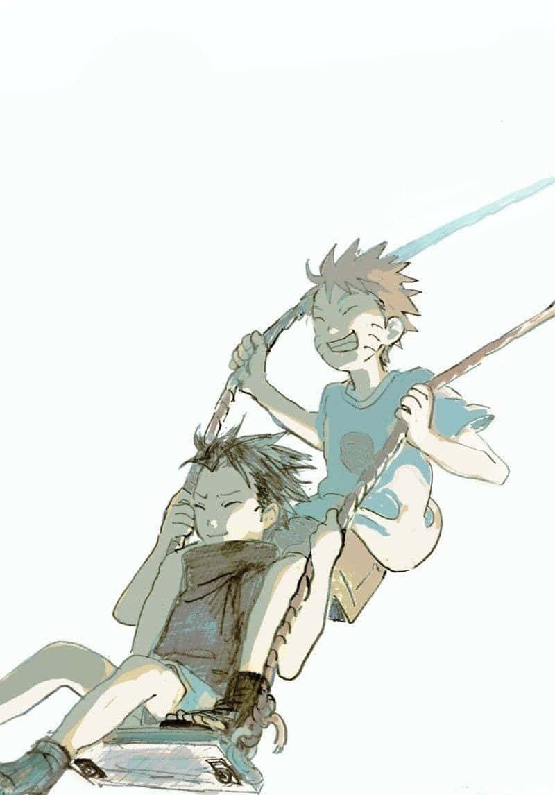Naruto Swing 桌布 壁紙 — 兩個動畫男孩在純白色背景上，伴隨著動態運動線條，快樂地高高盪起。