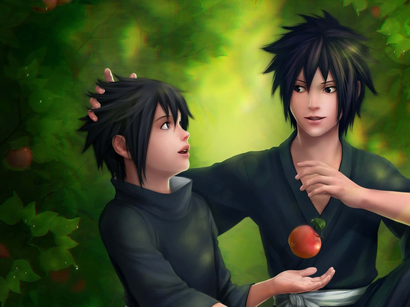 Izuna Uchiha 桌布 壁紙 — 兩個動畫男孩在茂密的綠色森林中，其中一個用溫柔的手向另一個遞上蘋果。