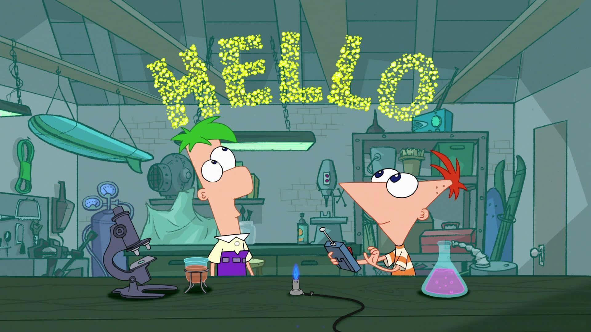 Phineas And Ferb 桌布 壁紙 — 兩個動畫男孩在雜亂的實驗室裡，拿著一個由樹葉製成的發光「HELLO」標誌。