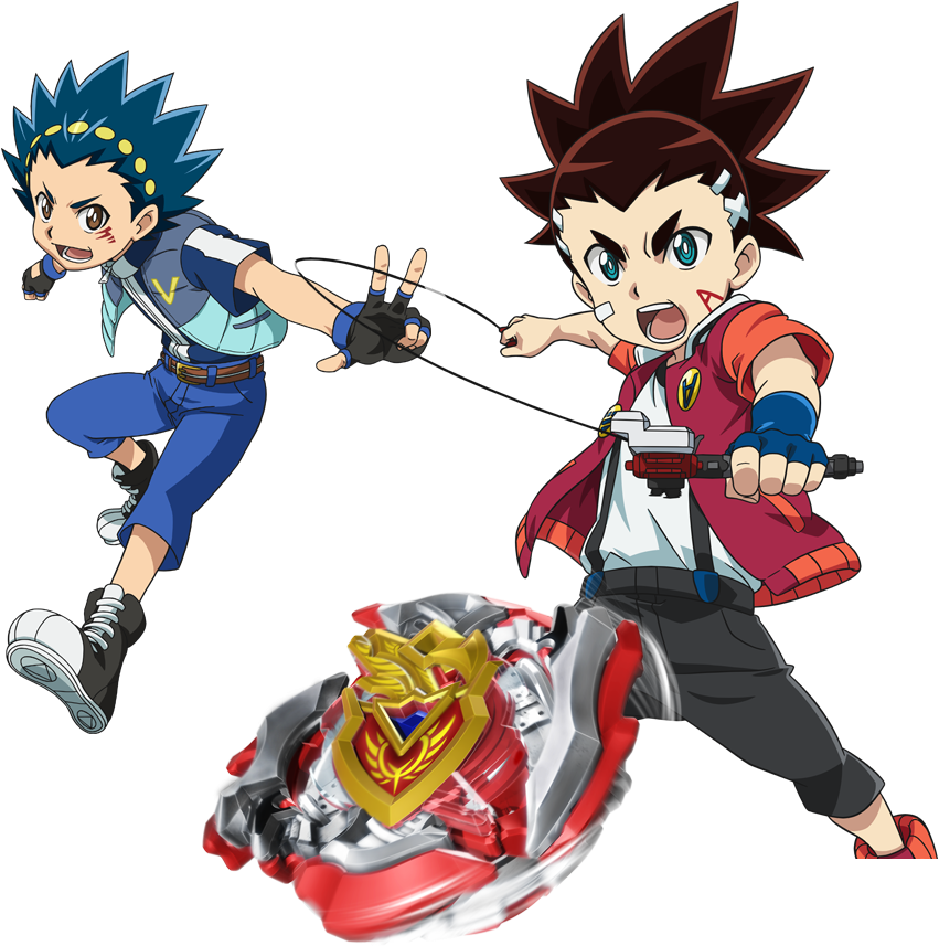 Beyblade 桌布 壁紙 — 兩個動畫男孩在黑色背景下激烈地用陀螺戰鬥。