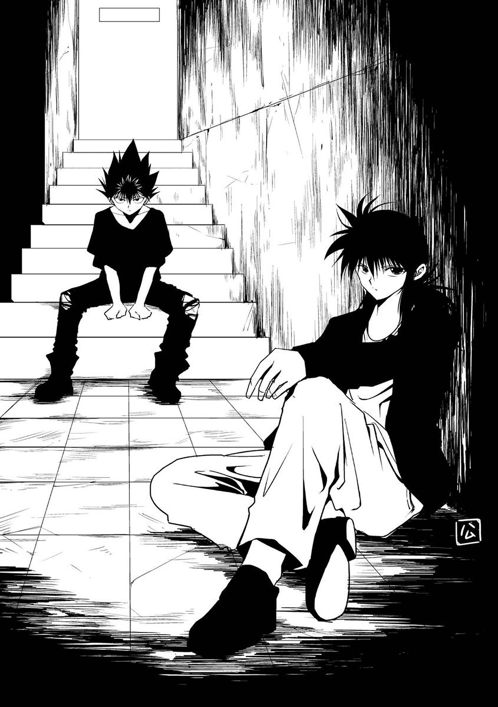 yuyu hakusho 桌布 壁紙 — 兩個動畫男孩坐在強烈的黑白對比中，較年輕的在樓梯上，較年長的地板上，在陰暗的走廊裡。