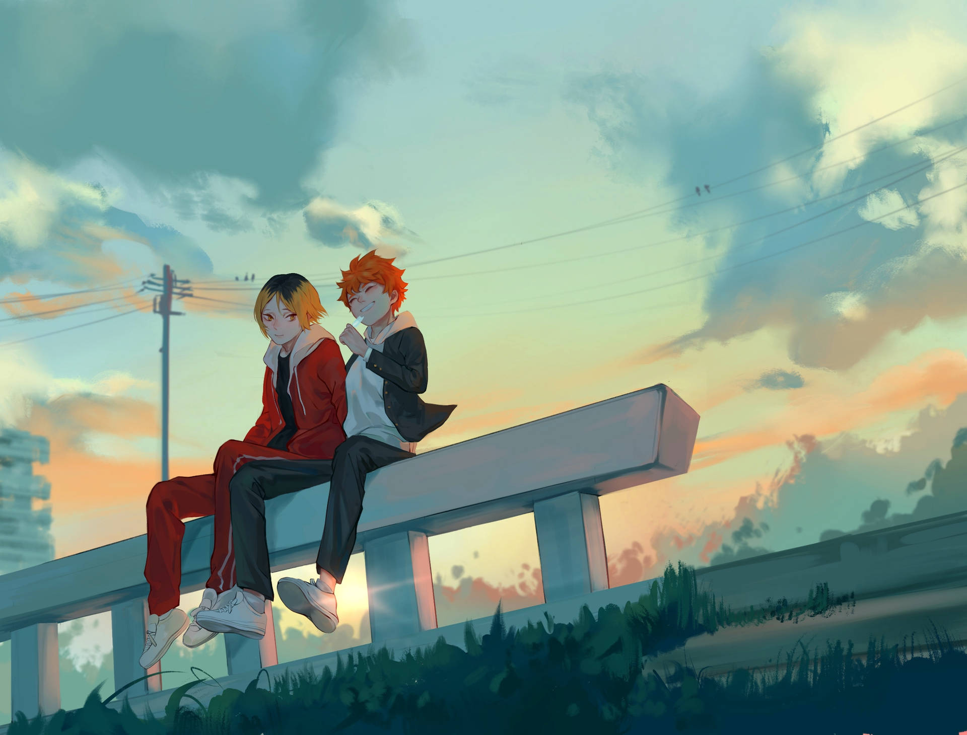 Haikyuu 桌布 壁紙 — 兩個動畫男孩坐在混凝土屏障上，天空柔和日落，有蓬鬆雲朵和電線。