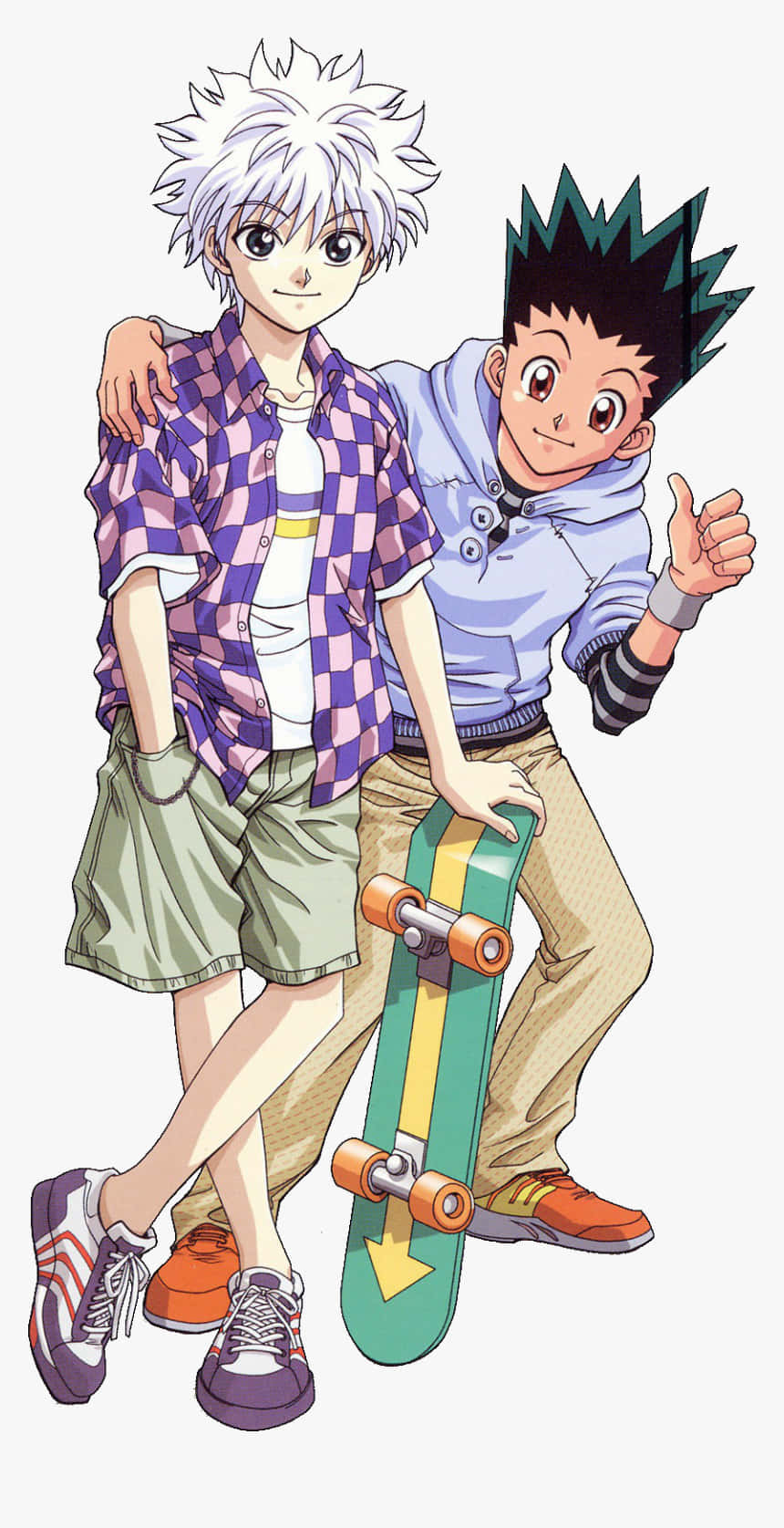 Gon And Killua 桌布 壁紙 — 兩個動畫男孩愉快地擺姿勢，其中一個拿著色彩鮮豔、頭髮尖刺的滑板。
