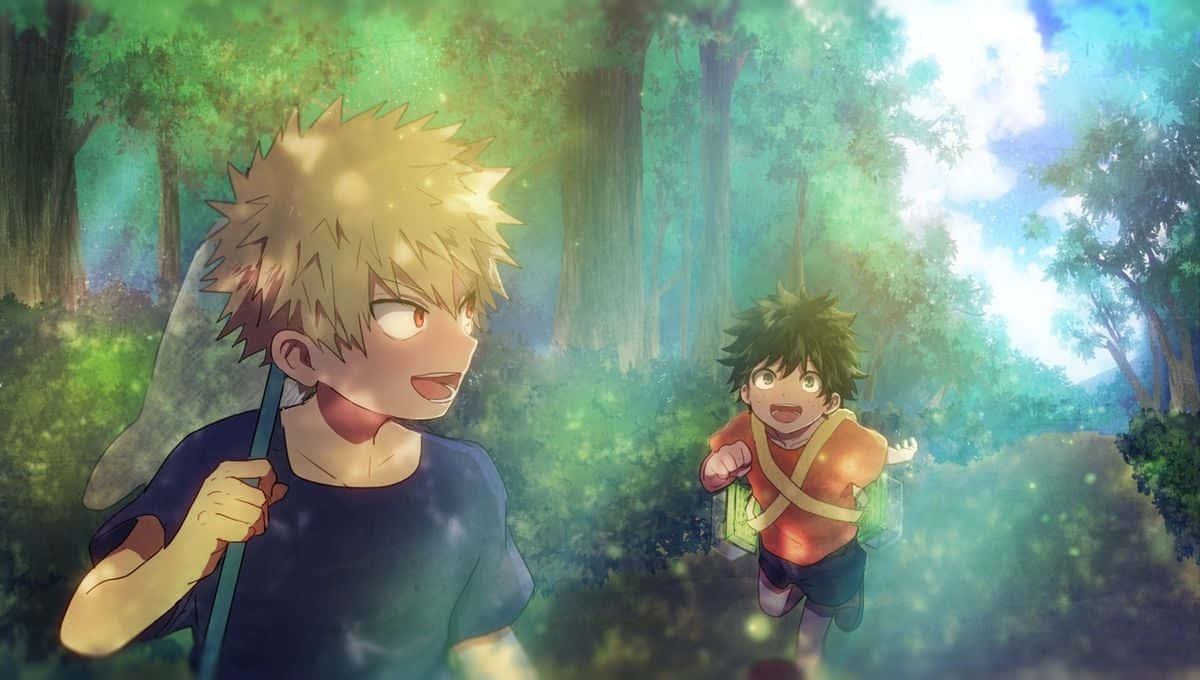 Bakugo 桌布 壁紙 — 兩個動畫男孩探索陽光普照的森林，斑駁的光線穿過高大的樹木。