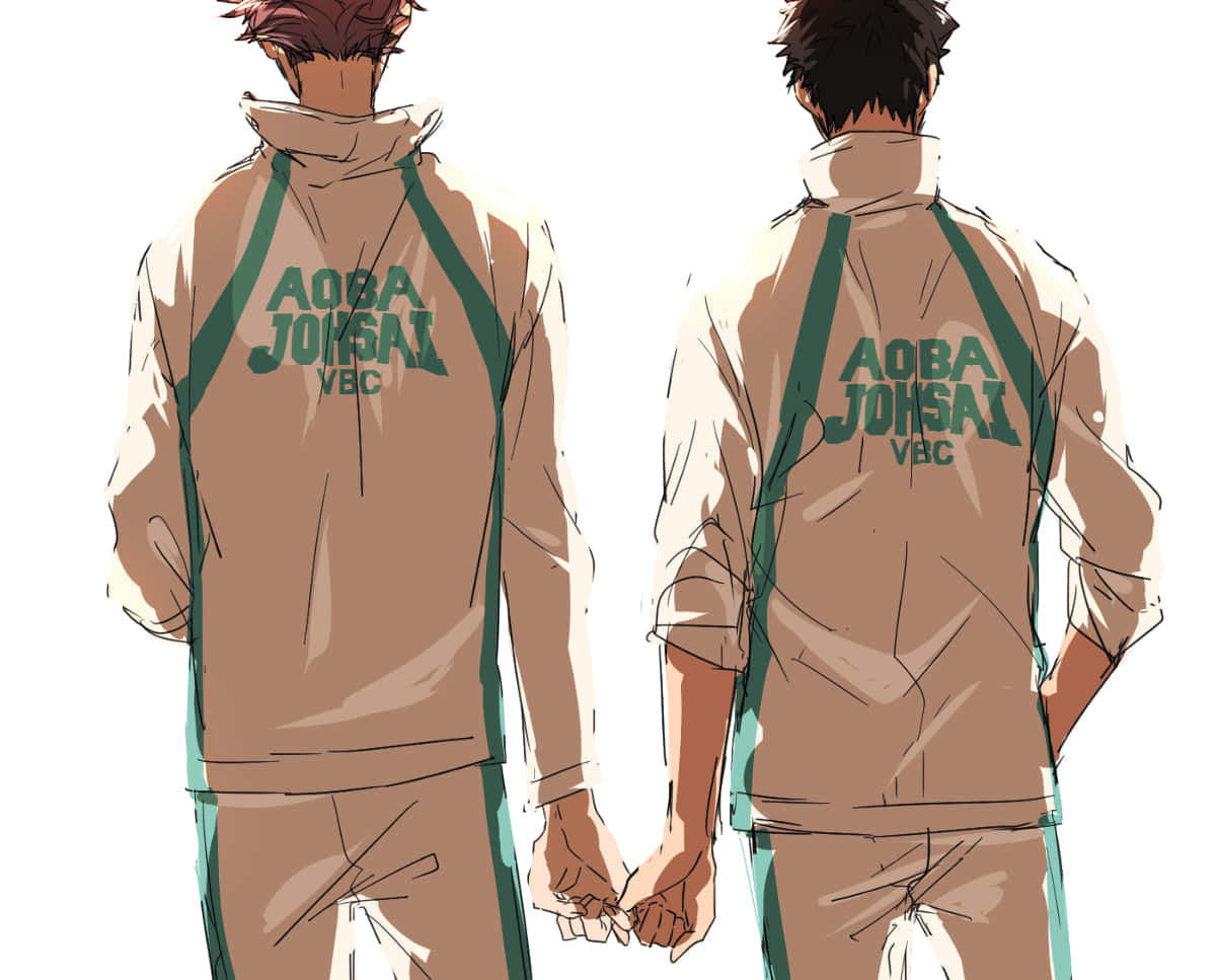 Cute Boy Anime 桌布 壁紙 — 兩個動畫男孩穿著相配的米色和綠色運動服，在純白色背景前從後面牽手。