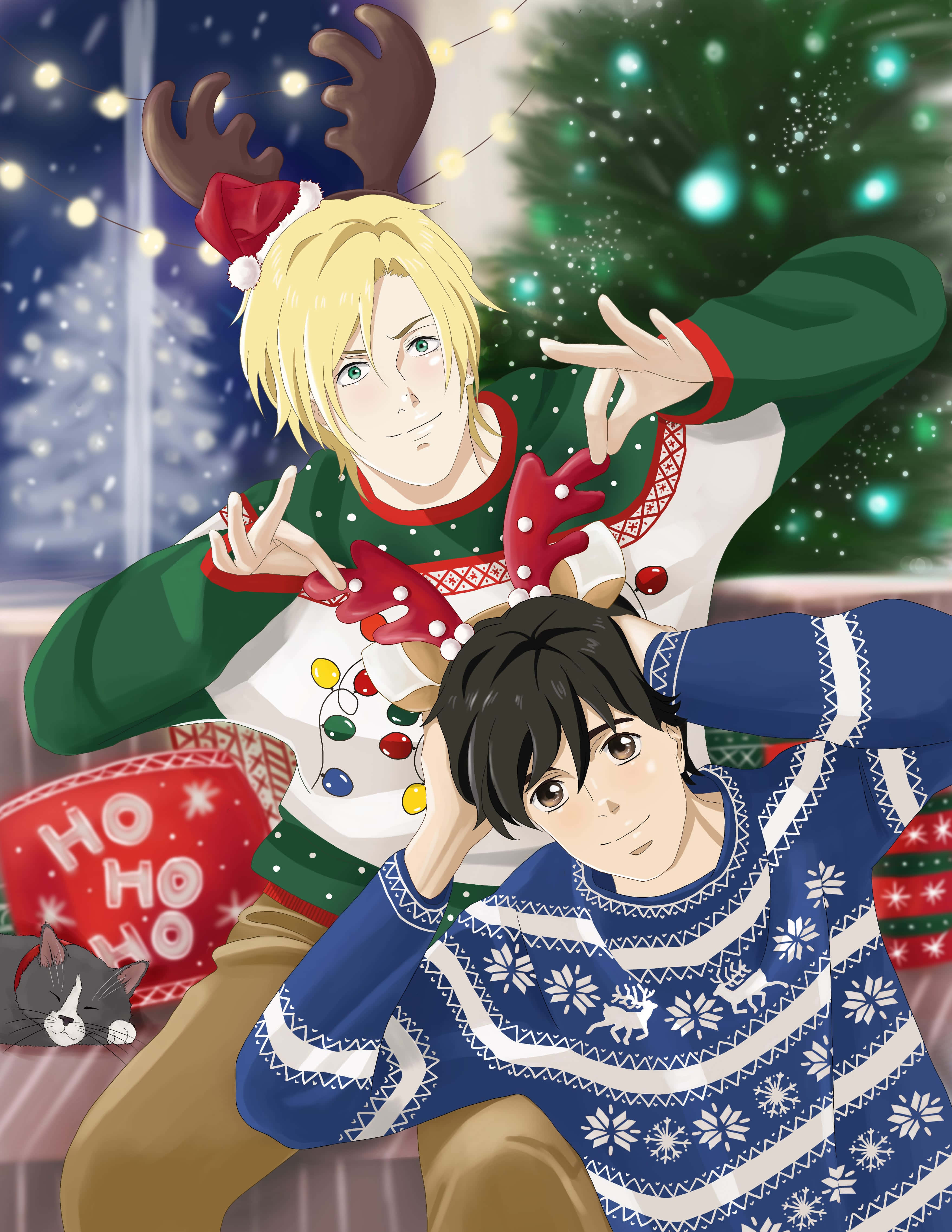 Banana Fish 桌布 壁紙 — 兩個動畫男孩穿著節日毛衣，在閃爍的聖誕樹旁愉快地擺姿勢，外面雪花飄落。