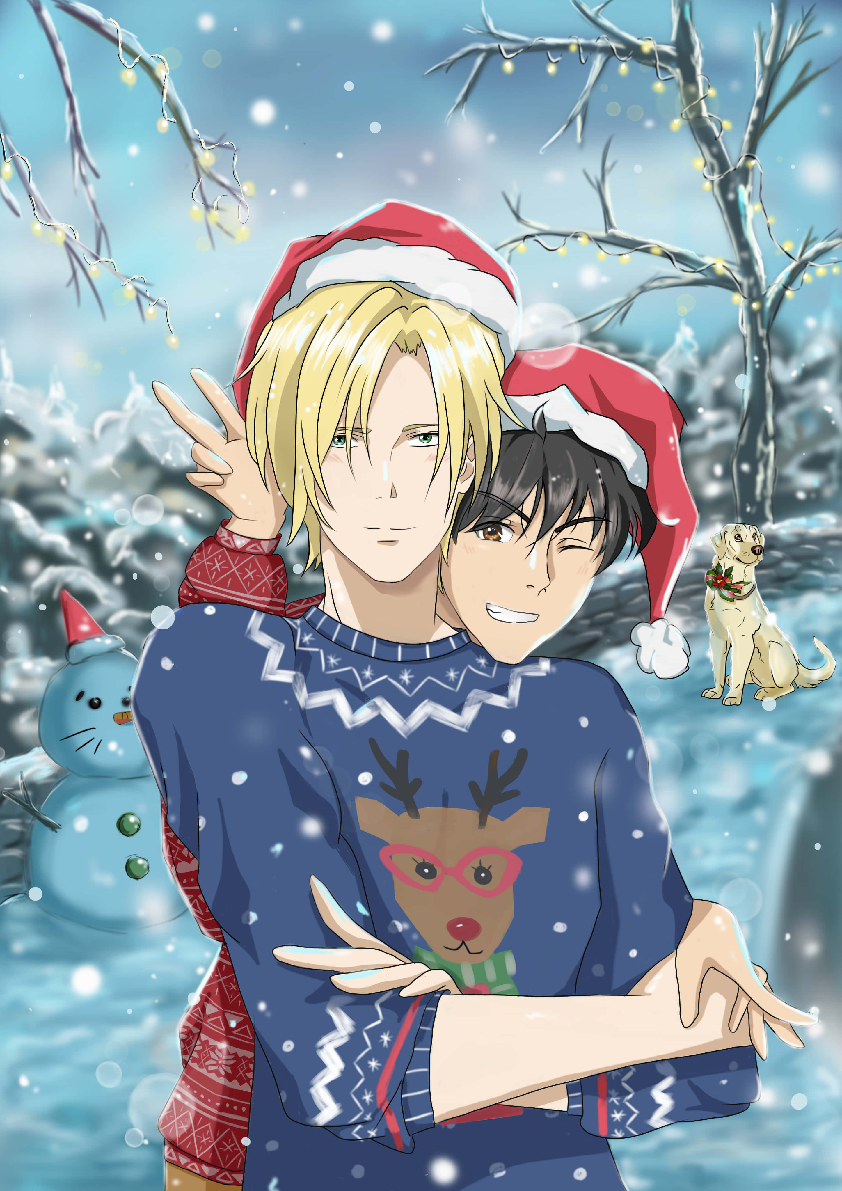 Banana Fish 桌布 壁紙 — 兩個動畫男孩穿著節日毛衣和聖誕帽，在雪景中與狗和雪人溫暖擁抱。