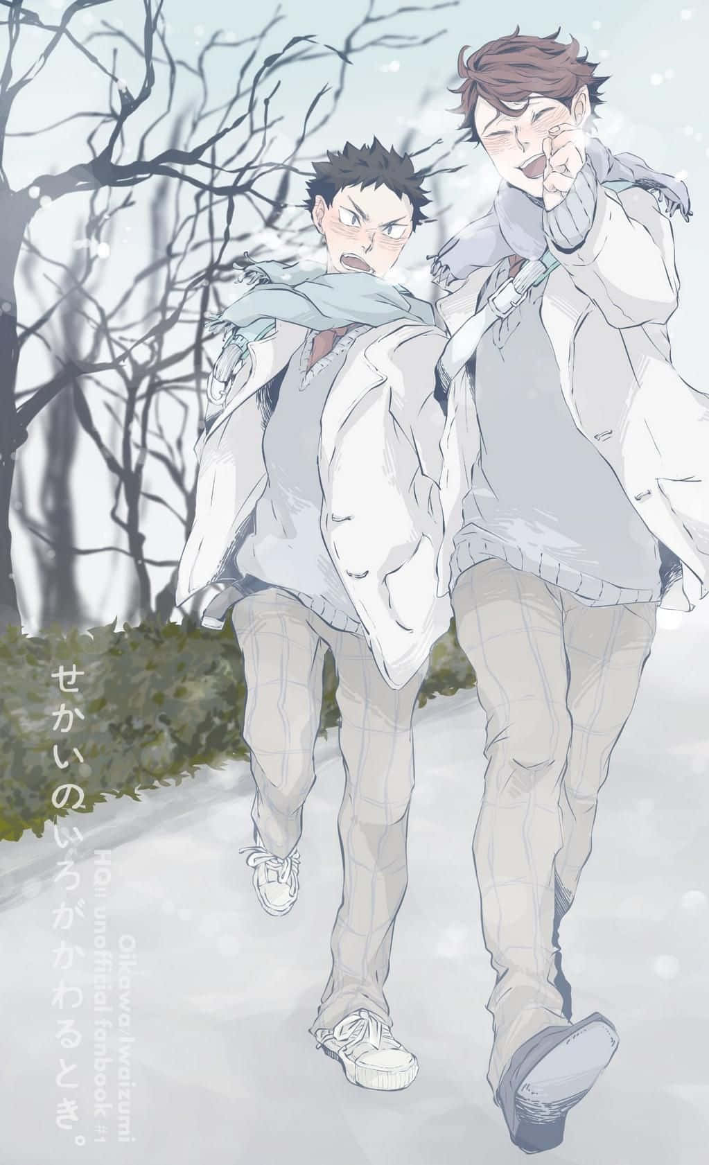 iwaizumi hajime 桌布 壁紙 — 兩個動畫男孩穿過雪地森林，一個頑皮地咧嘴笑，另一個穿著冬季外套看起來很惱火。