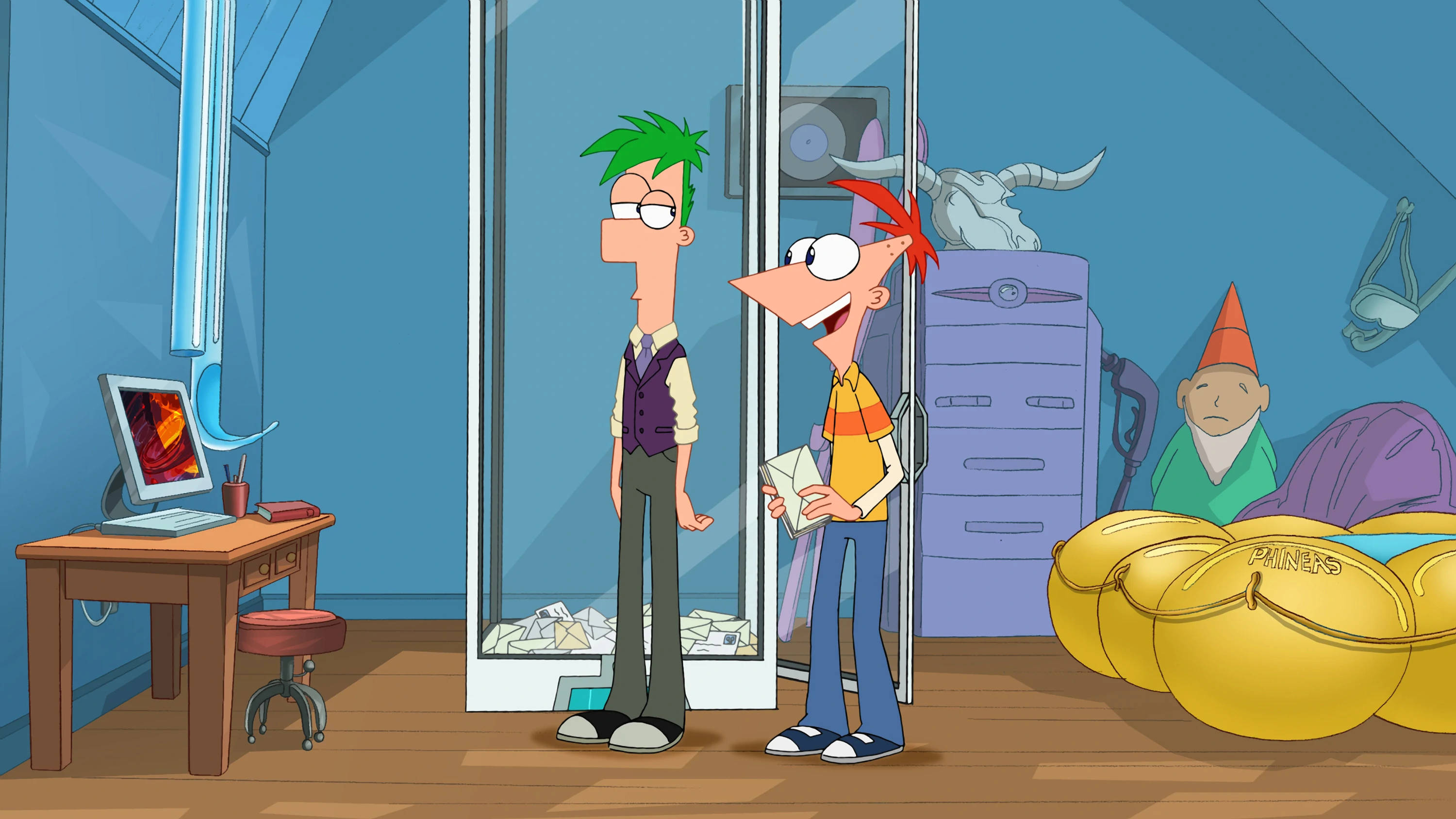 Ferb 桌布 壁紙 — 兩個動畫男孩站在一個雜亂的藍色臥室裡，附近有一個地精和巨大的金幣。