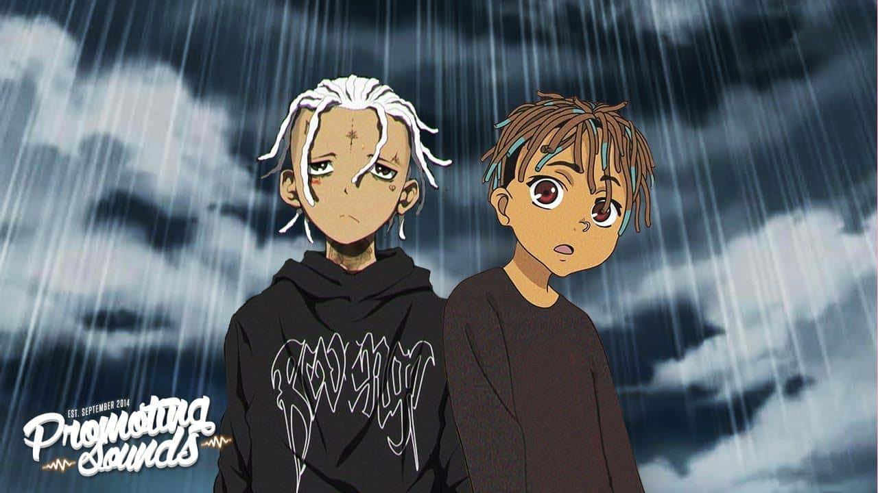 Anime Rapper 桌布 壁紙 — 兩個動畫男孩站在大雨中，背景是黑暗的暴風雨天空，帶有戲劇性的燈光。