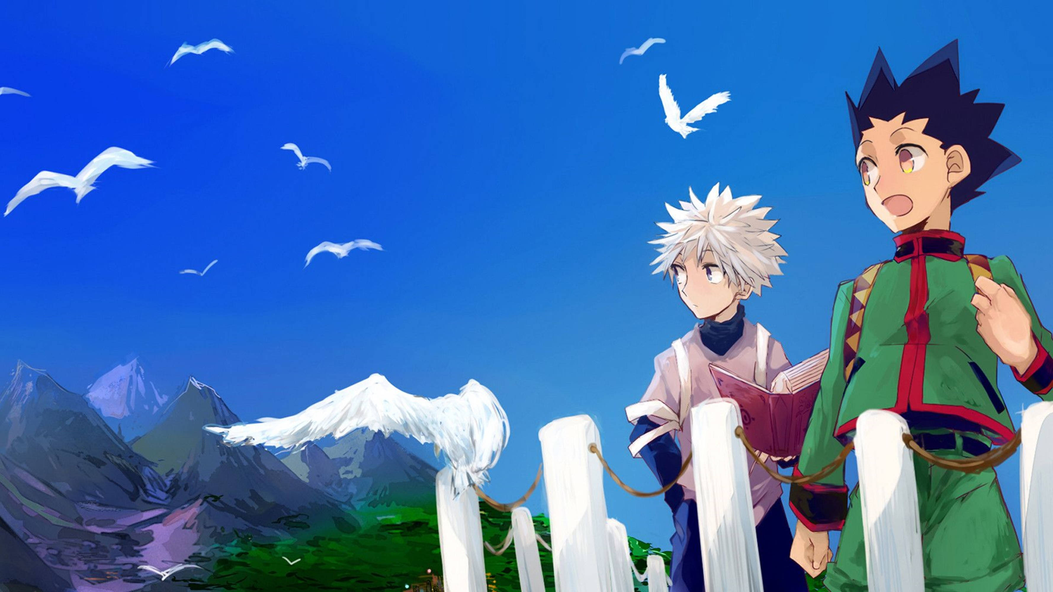 Hunter X Hunter 4K 桌布 壁紙 — 兩個動畫男孩站在白色圍欄旁，俯瞰著明亮的藍天下積雪的山脈和飛鳥。